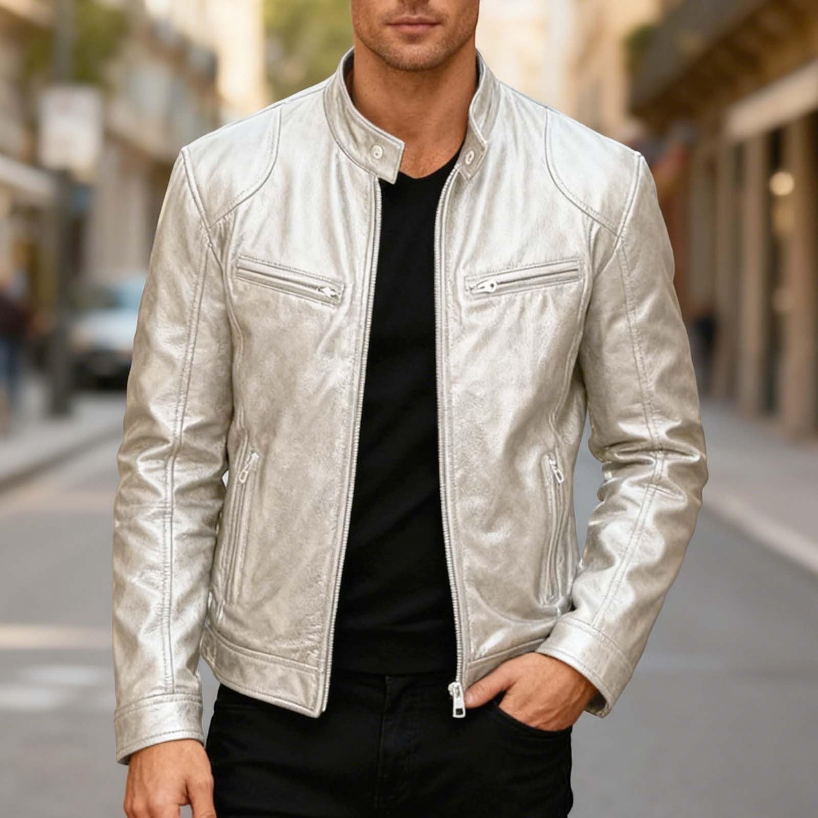 Generisch Fleece Jacke Leder-Motorradjacke mit Stehkragen im Punk-Stil, Oberbekleidung, Mantel für Freizeitkleidung und Reiten, winddicht