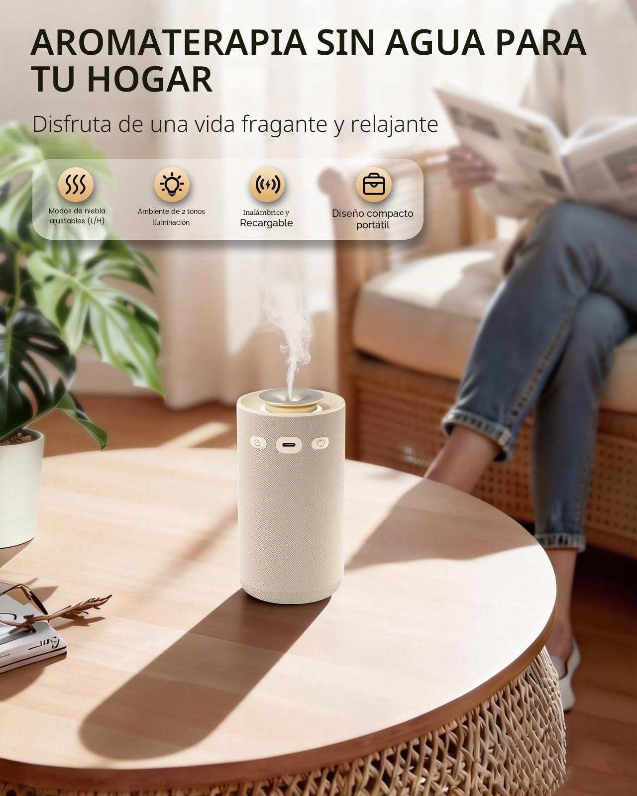 Difusor de Aromaterapia Sin Agua para Casa y Nebulizador de Aceites Puros - Ambientador Eléctrico Portátil con Diseño de Tela Beige Premium, Luz Ambiente Cálida y Batería para Yoga, Salón y Dormitorio