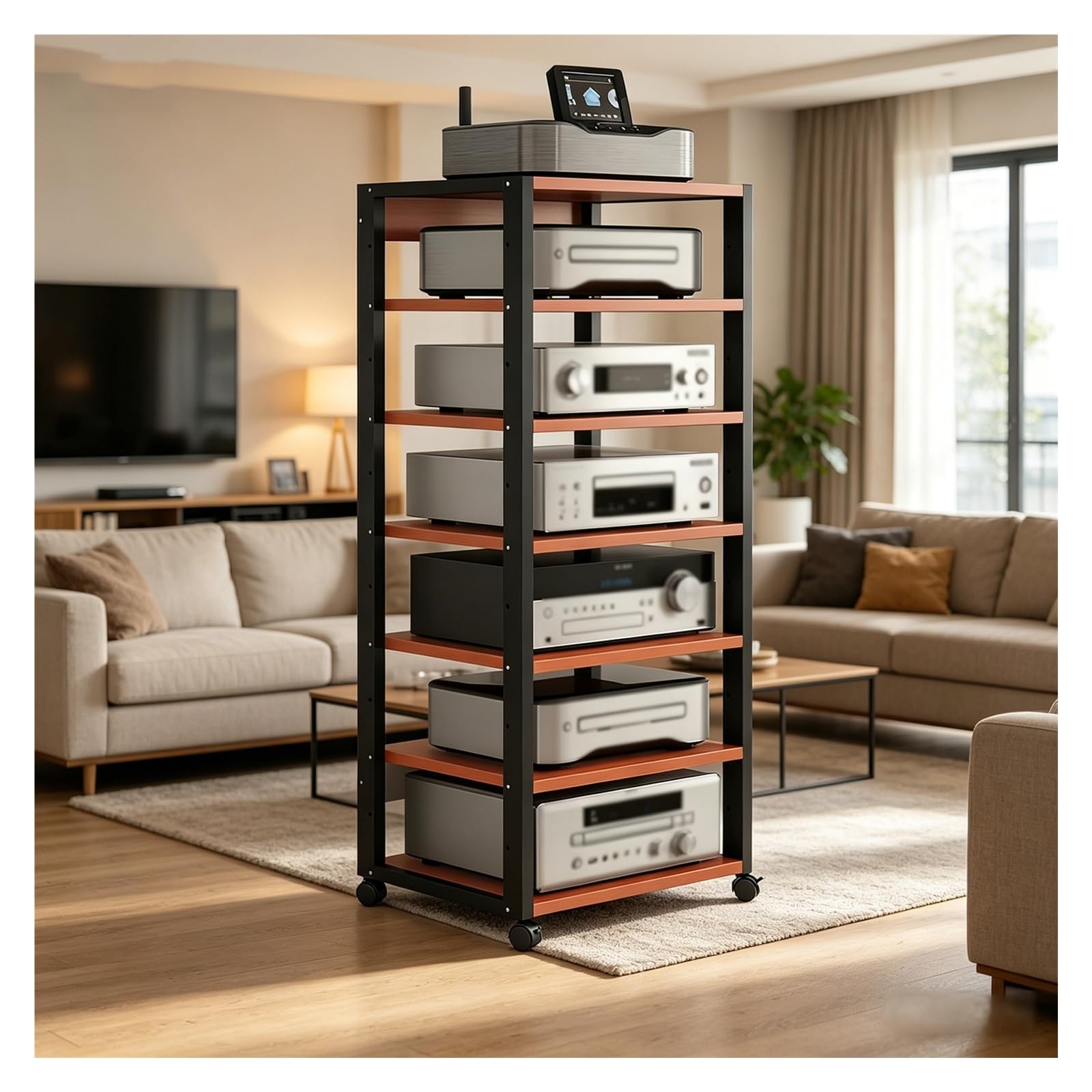 Générique Meuble Chaine HiFi Support Multimédia AV À 7 Niveaux avec roulettes, Console De Composants Audio-vidéo avec Étagères De Rangement Ouvertes, Centre Multimédia(Red)
