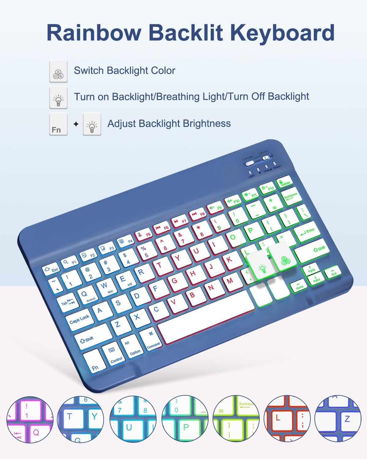 EAMPANG Case with Keyboard Mouse for iPad A16 11th 10th Generation 11/10.9 inch,Rainbow Backlit Detachable Keypad Rotatable Magnetic Cover with Pencil Holder for iPad 11 2025 10 Gen 2022 Navy Blue