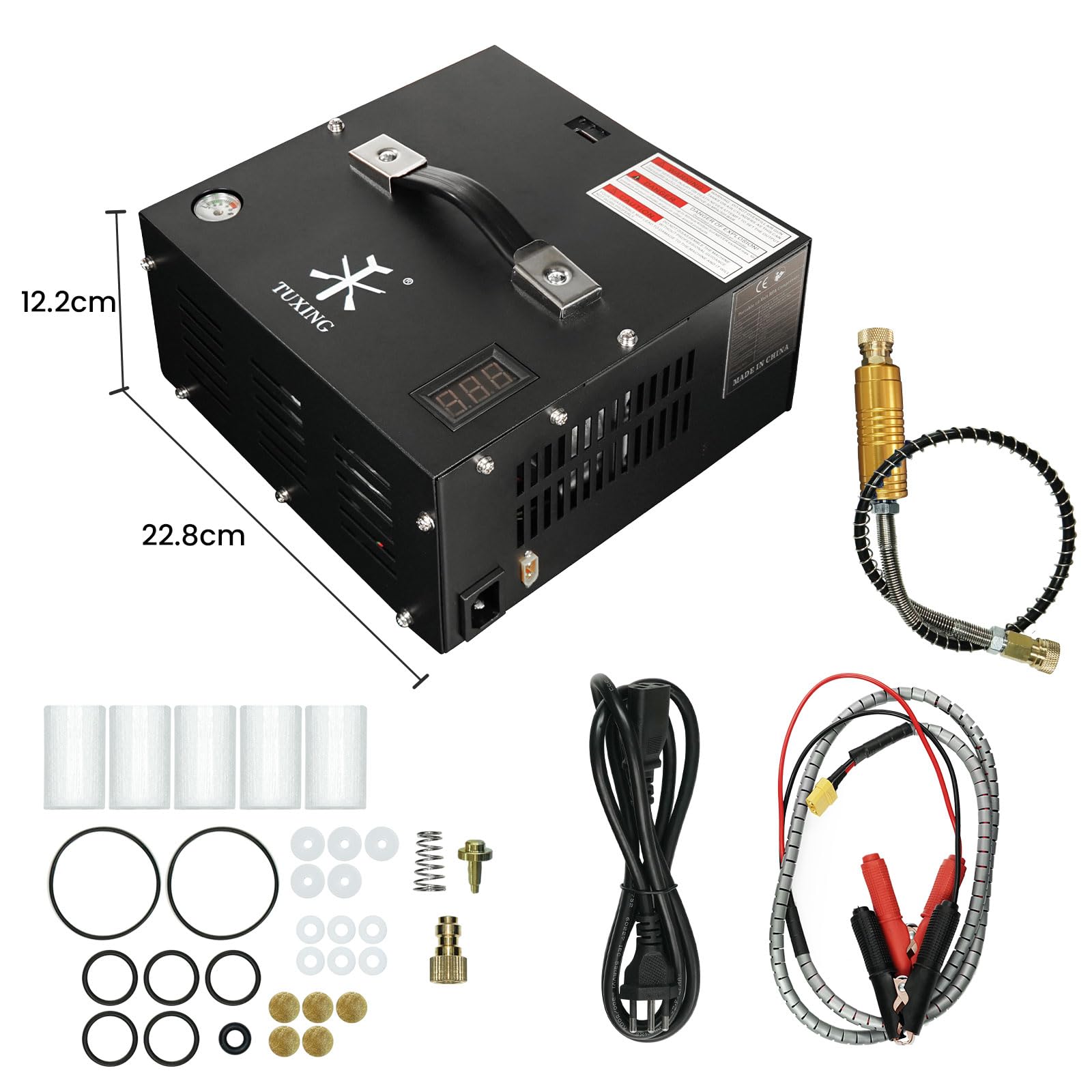 TUXING 4500Psi PCP-Luftkompressor, eingebauter 110V/220V/12V-Stromrichter/großer Öl-Wasser-Abscheider, Ein-Knopf-Start, Berstscheibe für PCP-Gewehr/-Pistole und Paintball-Tank