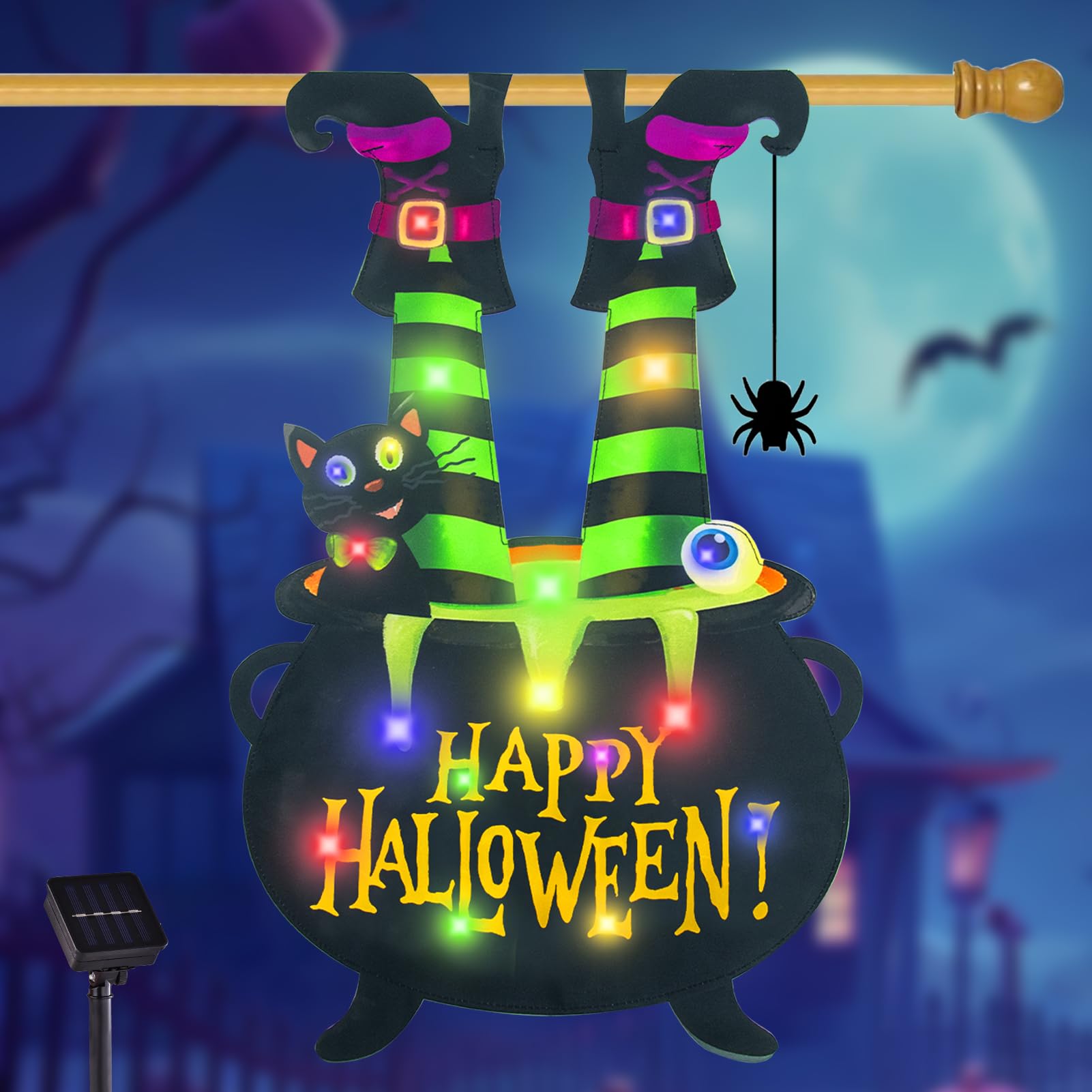 Halloween Lighted Garden Flag, Solar Outdoor Decor Yard Flag, 8 Modes Led Witch feet Shape Flag,28x40 Double Sided Cauldron Eyeball Black Cat Decorations for Home Porch(Witch Feet-Multi Colored-28x40)