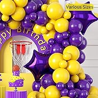 Vista 4 de GREMAG Globos morados y amarillos, kit de 113 piezas de guirnalda de globos morados y amarillos, con dos globos de papel de aluminio de estrella