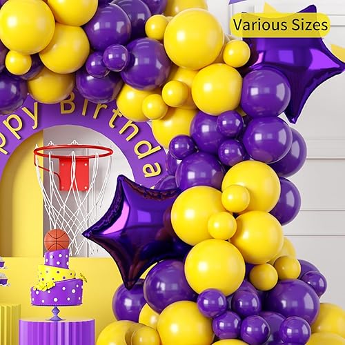 Miniatura 4 de GREMAG Globos morados y amarillos, kit de 113 piezas de guirnalda de globos morados y amarillos, con dos globos de papel de aluminio de estrella