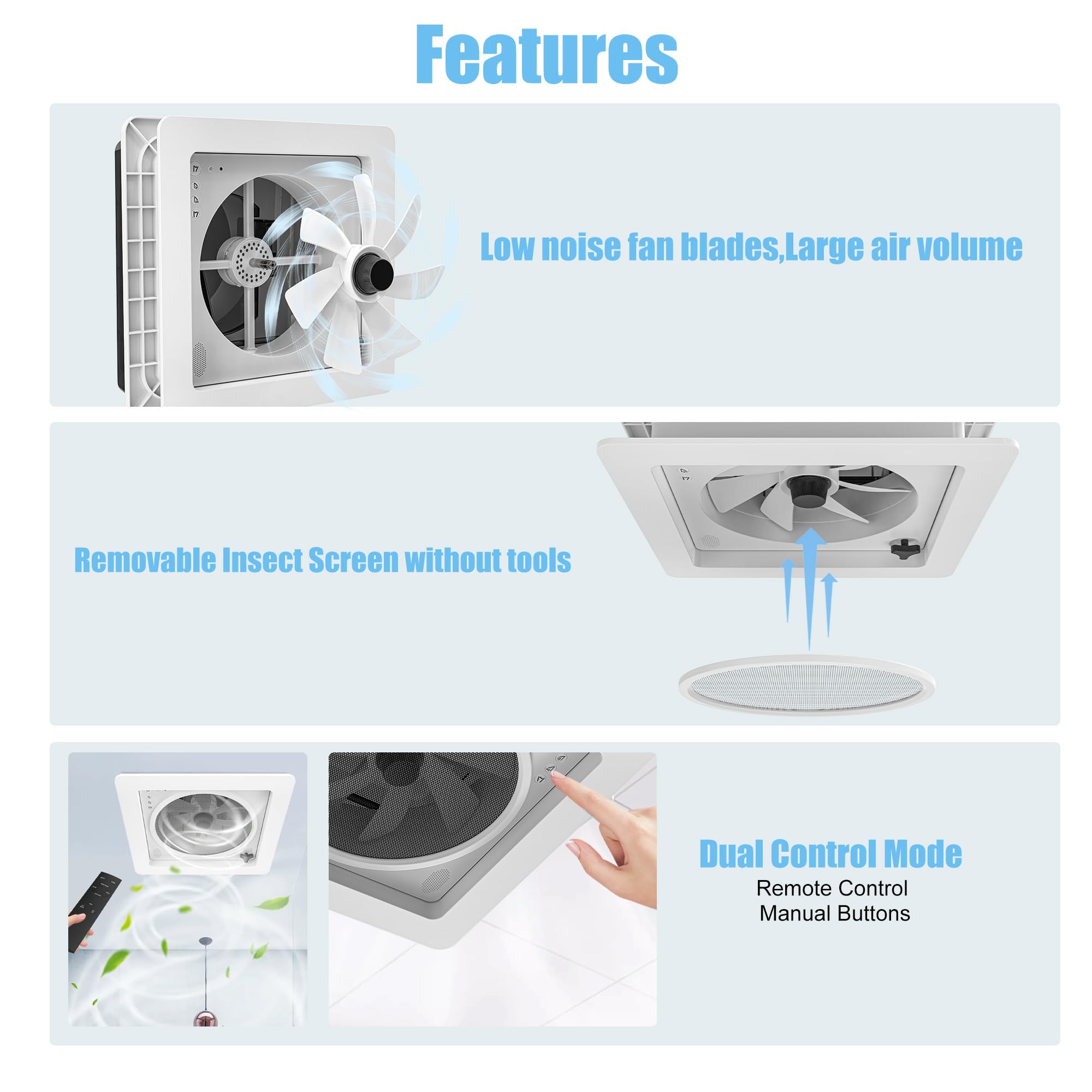 ZOIZ 12V Wohnmobil Dachventilator 360 mm, RV Dachlüfter mit schwarzem halbtransparentem Deckel, Fernbedienung, reversibel Abluft & Zuluft, extrem leise für Wohnwagen Camper, UV-beständig