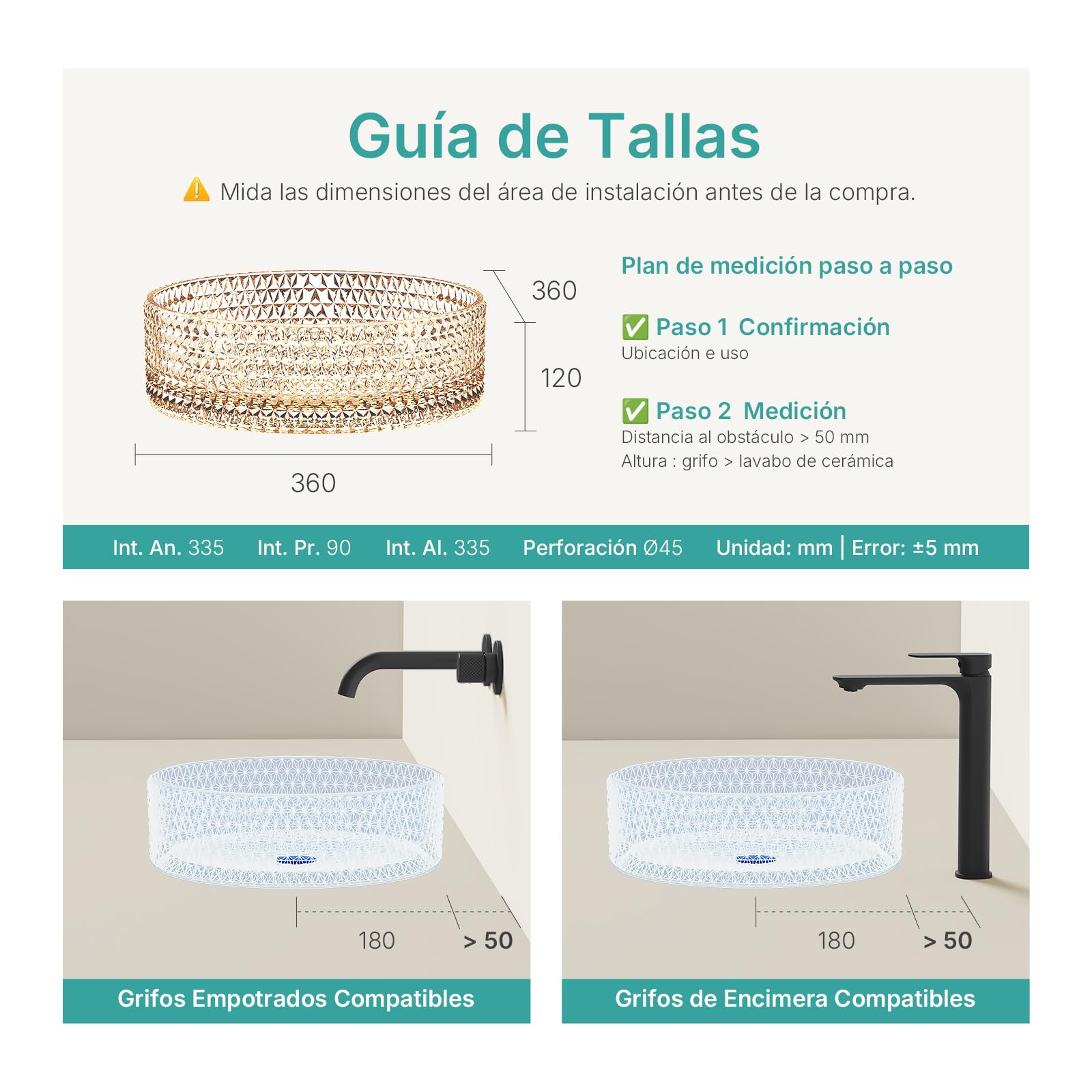 EMKE Lavabo Sobre Encimera de Cristal Templado Redondo 36x36 cm, Lavabo Sobreponer Oro Rosa con Efecto Diamante para Baño y WC de Invitados(Sin Grifo ni Desagüe)