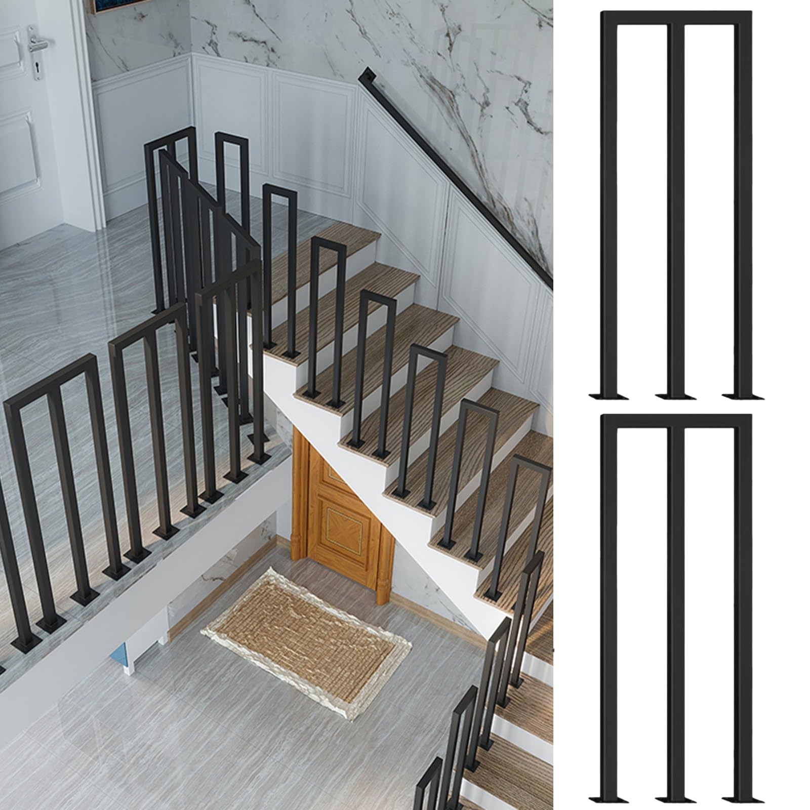 LWJSOCP Industrial Style Baluster U/M Shaped Stair Handrail Attic Guardrail Spindle Black Square Iron Banister Pole for Porch Deck Indoor Outdoor 40cm (15.7inch)
