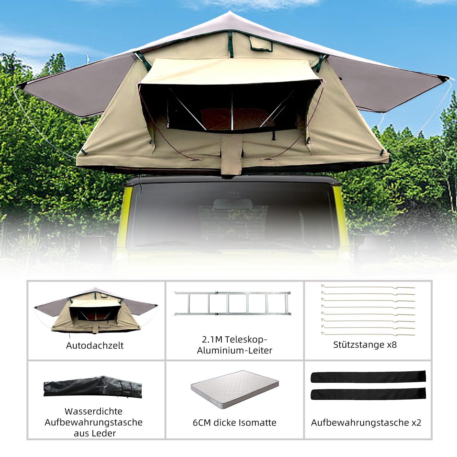 Dachzelt Auto, Dachzelt Auto für 2-3 Personen, Autodachzelt inkl 240 x 140 Matratze, Dachzelte fürs Auto mit Oberlicht, Wasserfest 3500mm, mit 2.1M Aluminium Leiter, Dachzelt für PKW, Bus, LKW, etc.