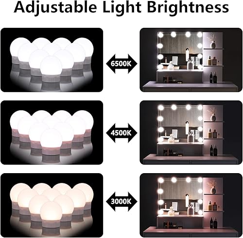 Miniatura 6 de Henf Escritorio blanco con espejo y luces, mesa de tocador de maquillaje, 2 cajones y 3 estantes de almacenamiento, tocador de dormitorio con