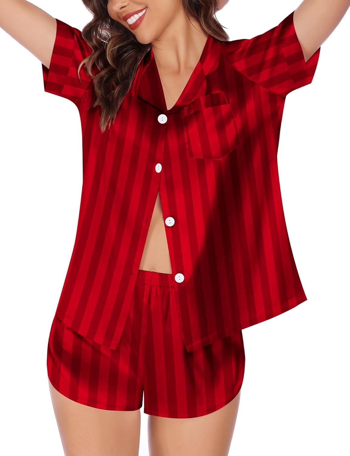 SWOMOG Couple Satin Matching Pajamas Sets Women & Men Short Sleeve Sleepwear Silk Button Down Nightwear 2 Pieces Loungewear - Image 4