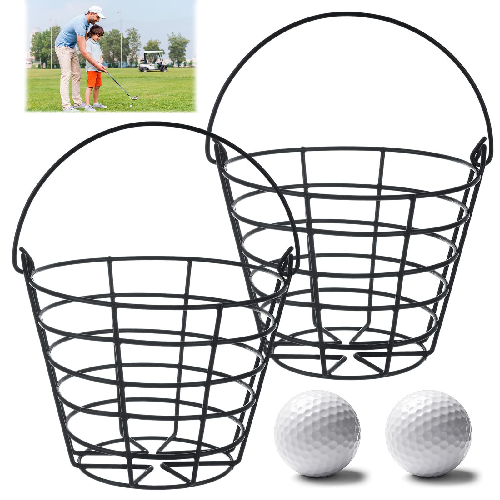 Golfballkorb mit Griff, großer Metall-Golfball-Eimer, Aufbewahrungsbehälter für je 50 Bälle, robuster Golfballträger und Organizer für Driving Range, Übung, Kurs, 2 Stück