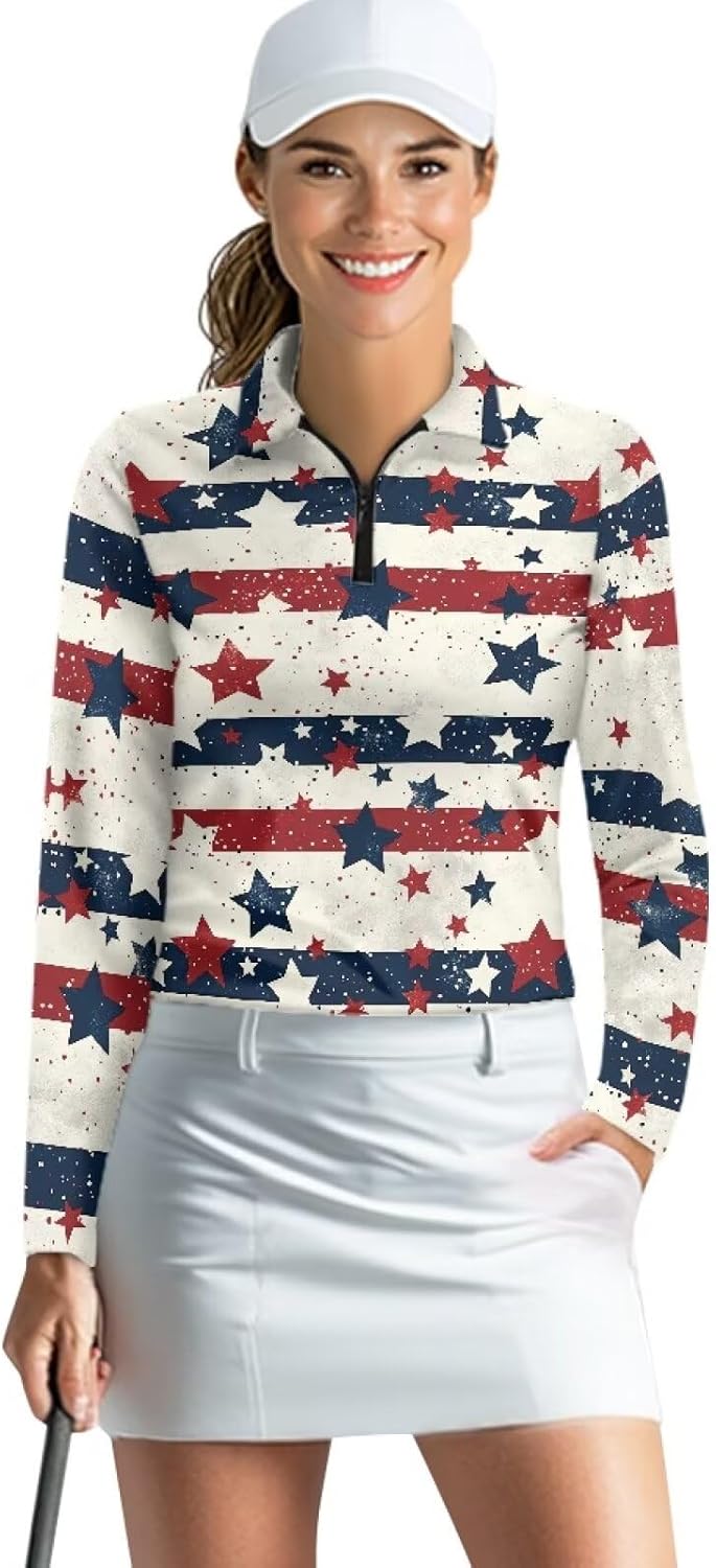 Boatee Patriotic Star Golf Shirts for Women Athletic Long Sleeve Shirts Lightweight with Collar Shirt Machine Washable for Golf,Tennis,Hiking,Running,Gym