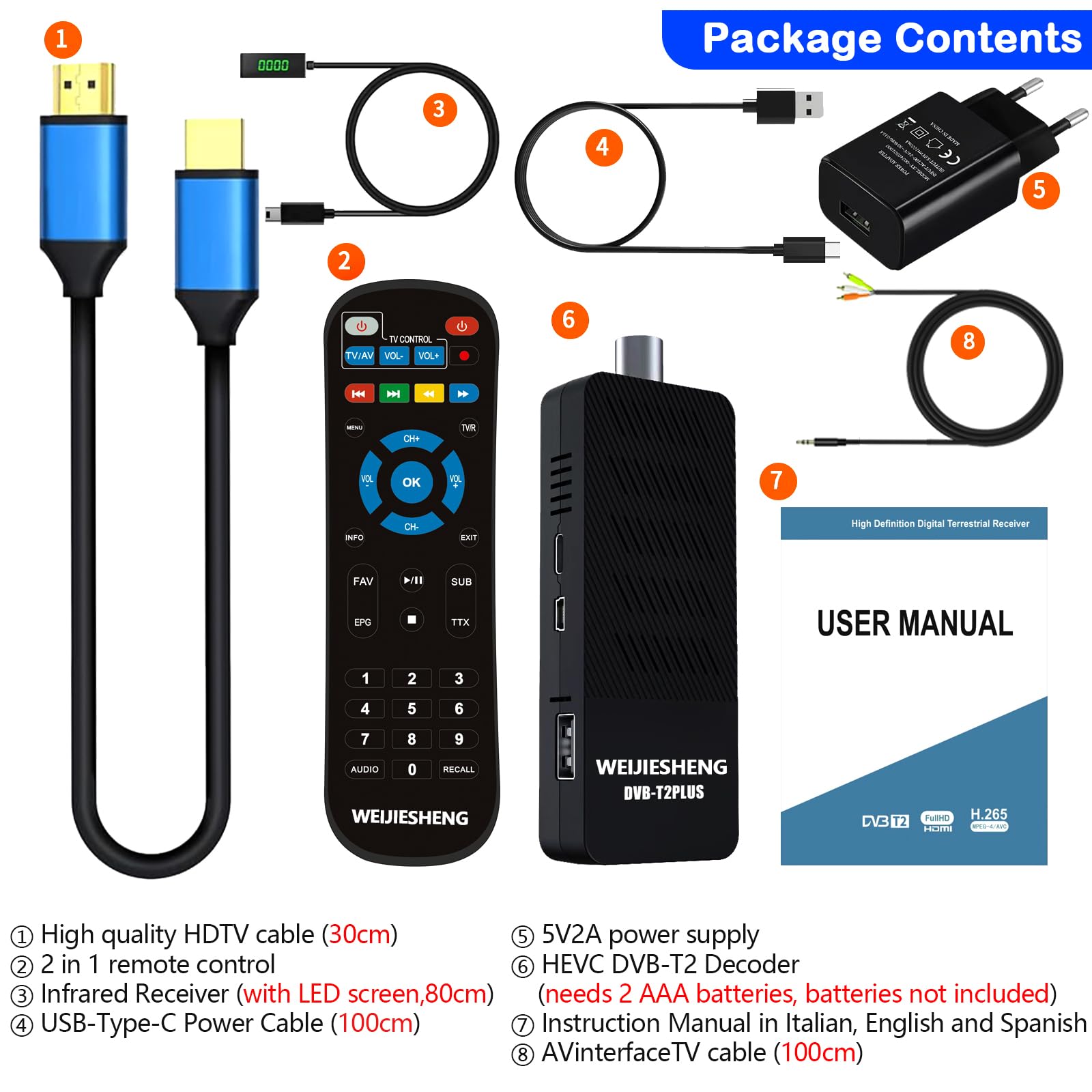 Decoder Digitale Terrestre DVB-T2 2025 – HD 1080P H.265 HEVC, Uscita HDMI/AV, USB WiFi, PVR, DLNA, Telecomando 2-in-1 Con Controllo TV