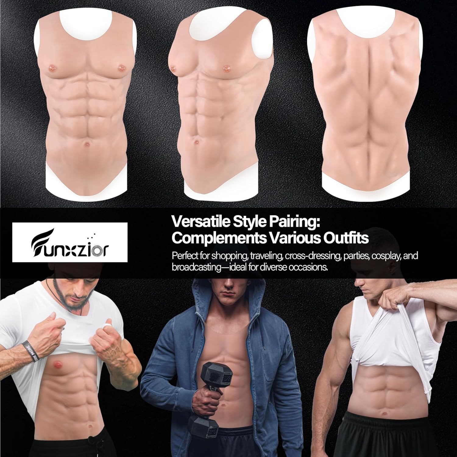 Realistic Silicone Muscle Suit Men Chest Plate Enhanced Fake Abs & Pecs Vest for Cosplay, Halloween, Costume Party
