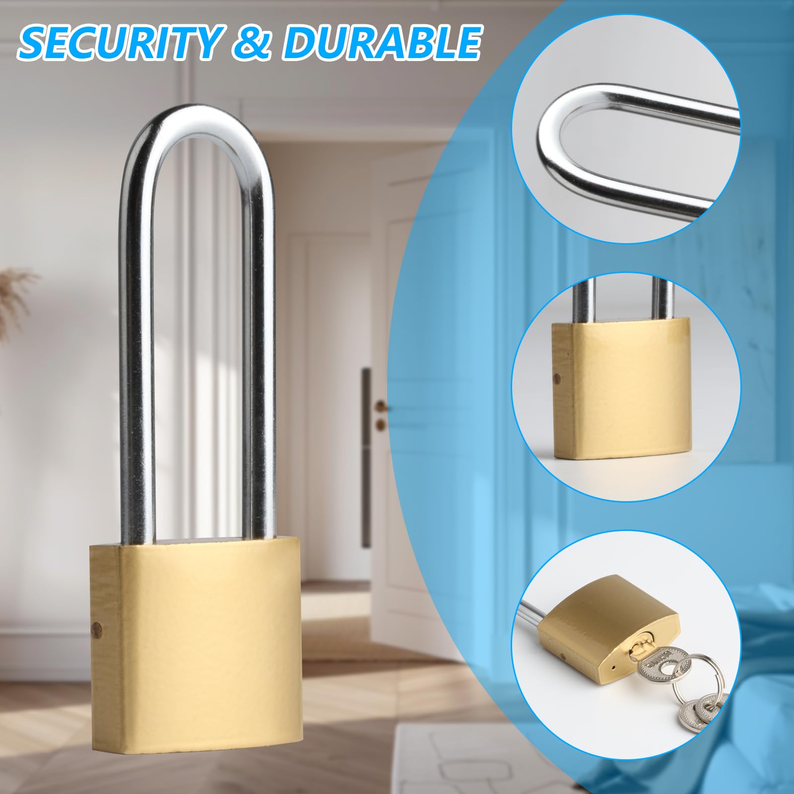 MroMax Brass Padlock, Keyed Alike, 60mm Wide Brushed Finish Long Harden Shackle, Waterproof Rust-Proof Door Lock Long Beam Lock For Drawer, Gym, Cabinet, Warehouse, 4Pcs - View #9