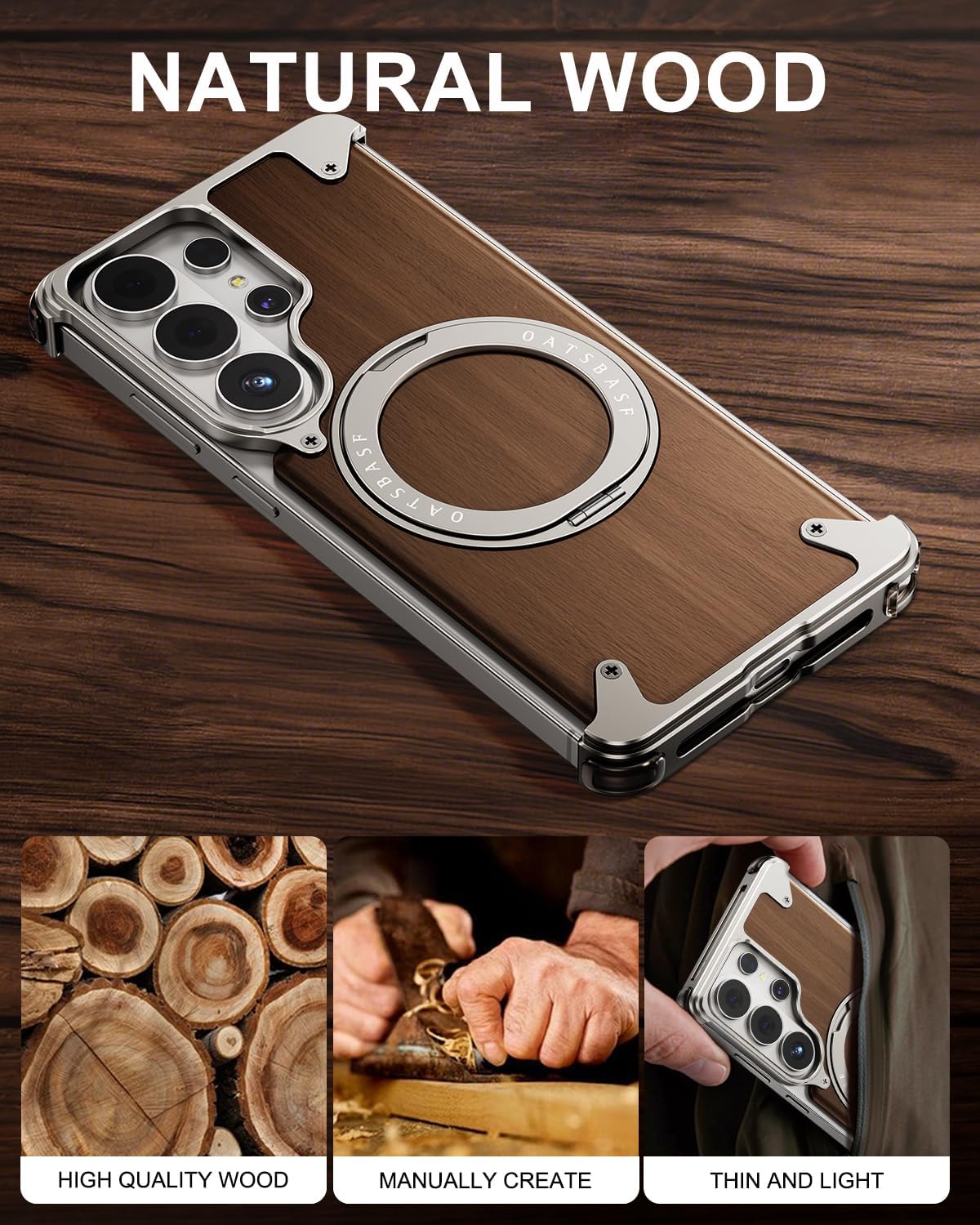 for Samsung Galaxy S26 Ultra Case with Magsafe Stand,Frameless Anti-Scratch Solid Wood Shockproof Protection Phone Cases,360°Rotatable Magnetic Kickstand Cover for S26 Ultra(Natural Titanium)