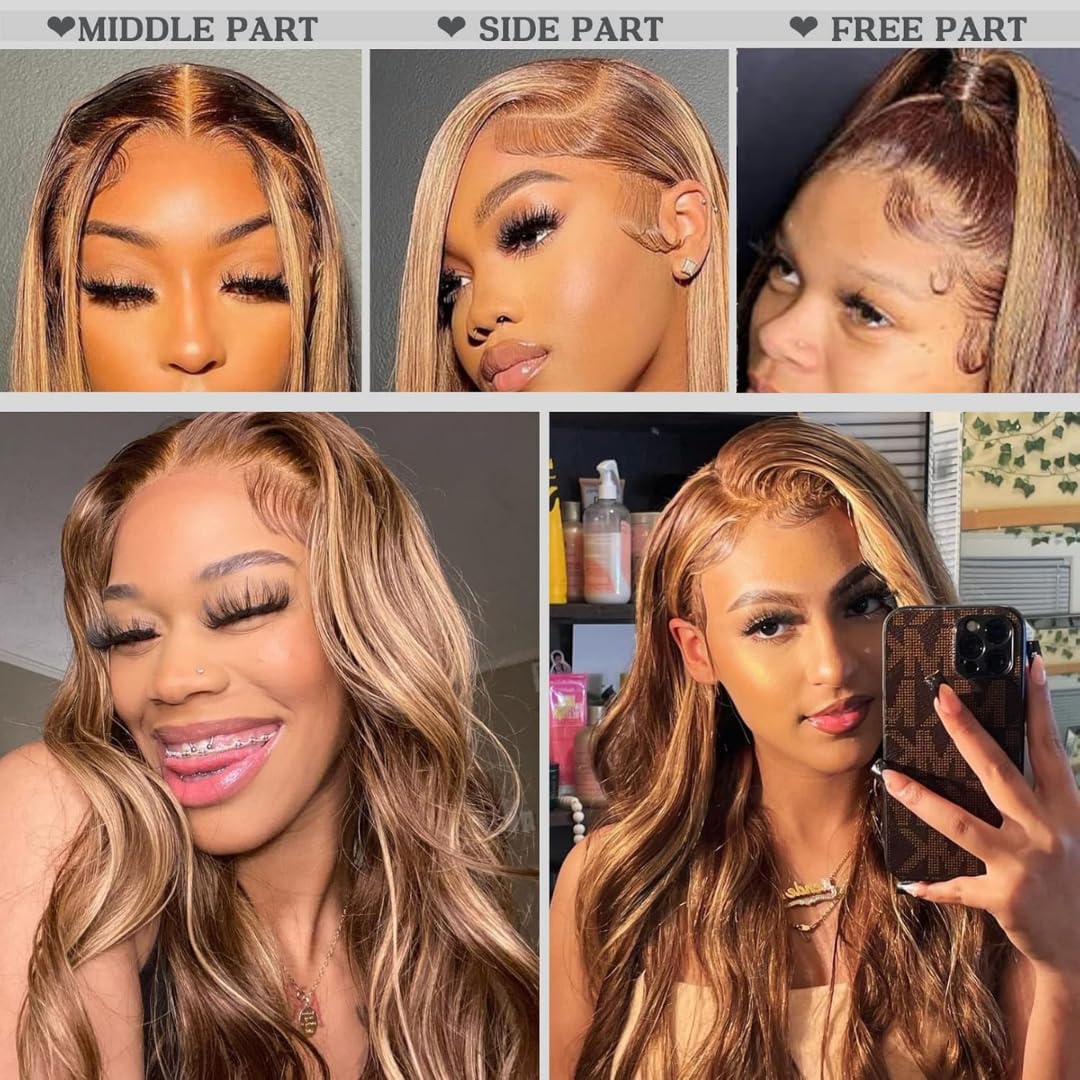 ALHER Small Cap Lace Front Wigs Human Hair 30 IN #4/27 Honey Blonde Highlight Body Wave 13X4 Lace Frontal Wig With Baby Hair 200% Density, Small Cap 21-21.5 Balayage Piano Colored Wig for Black Women