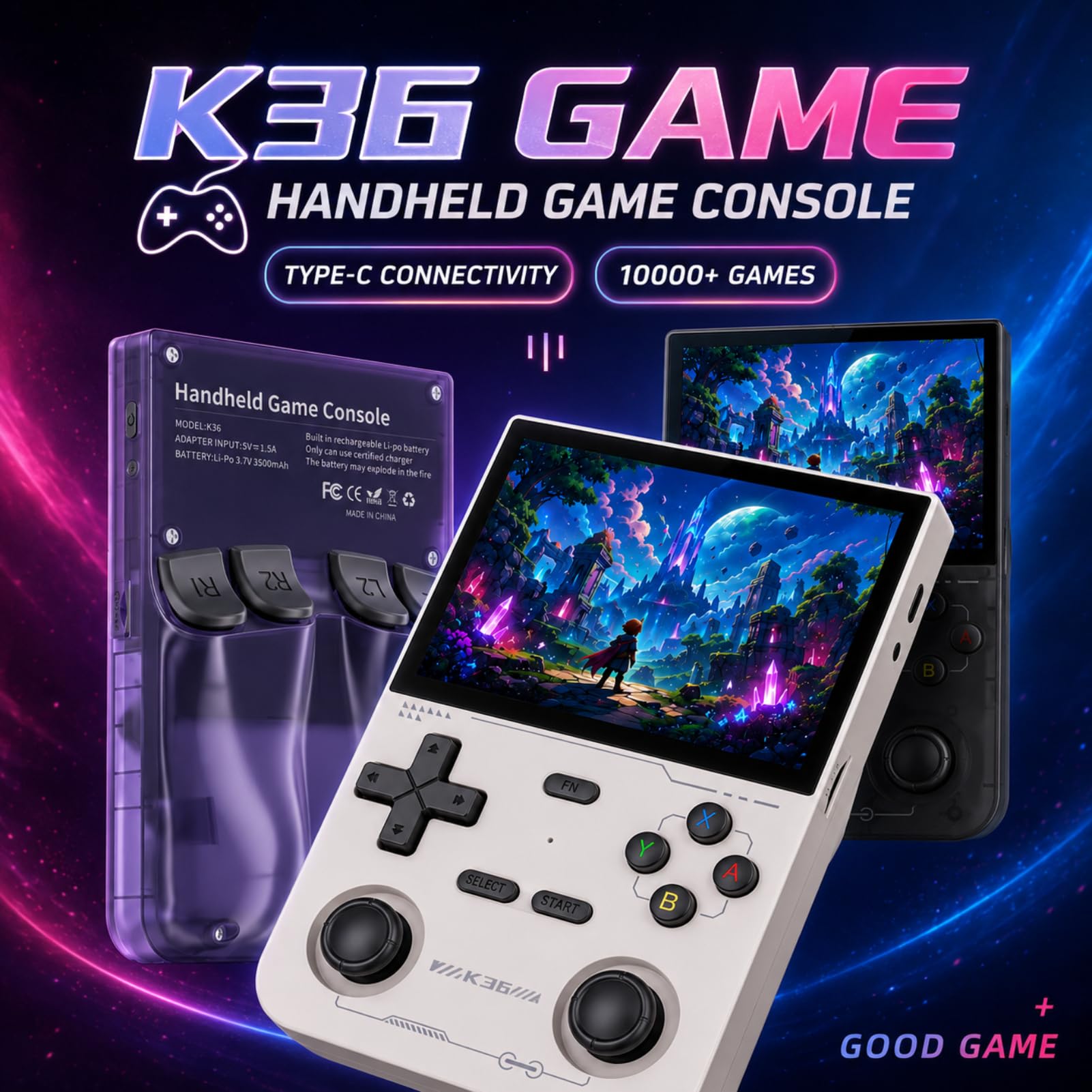 Console Portatile K36, Console retrò, Console per Giochi retrò Console per Giochi Portatile retrò, Doppio Bilanciere 3D, Oltre 20 Emulatori per N64, GBA, ECC. (Lilla)