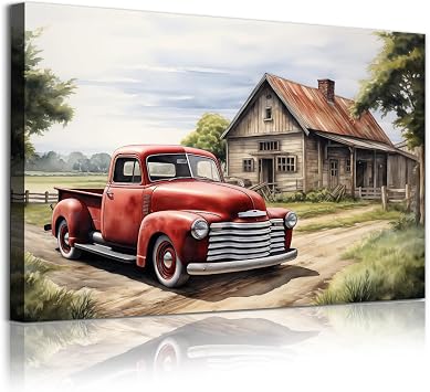 Farmhouse Barn Pictures Red Truck Canvas Wall Art Rustic Country Painting Farmhouse Truck Wall Art Old Barn Print Country House Artwork Vintage Truck Painting Rustic Barn Canvas Art 16x24inch No Frame