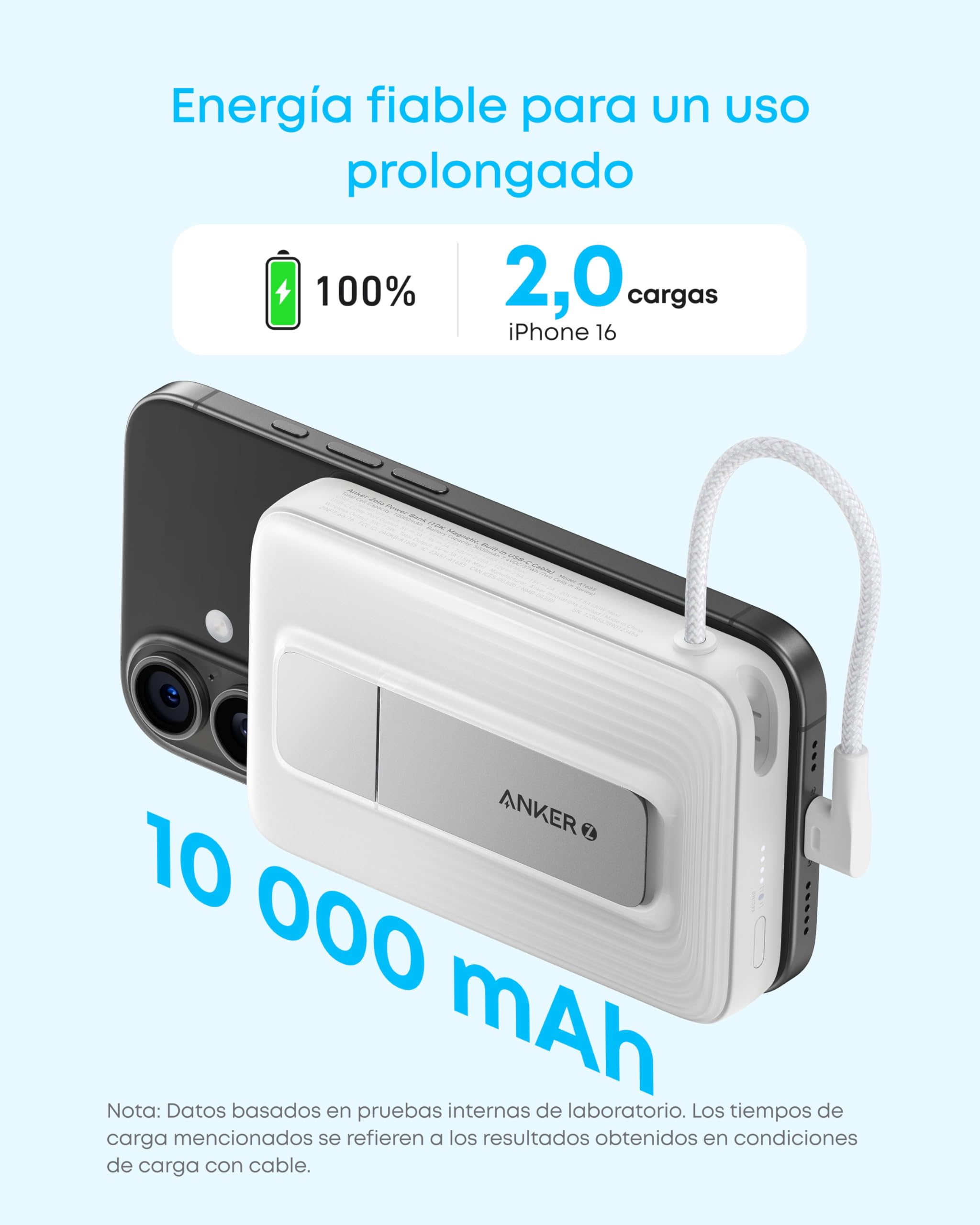Anker Zolo Batería Externa magnética, Cargador portátil inalámbrico de 10 000 mAh con Carga rápida máxima de 30 W, Cable USB-C Integrado y Soporte Ajustable, para iPhone 15/14, AirPods y más.