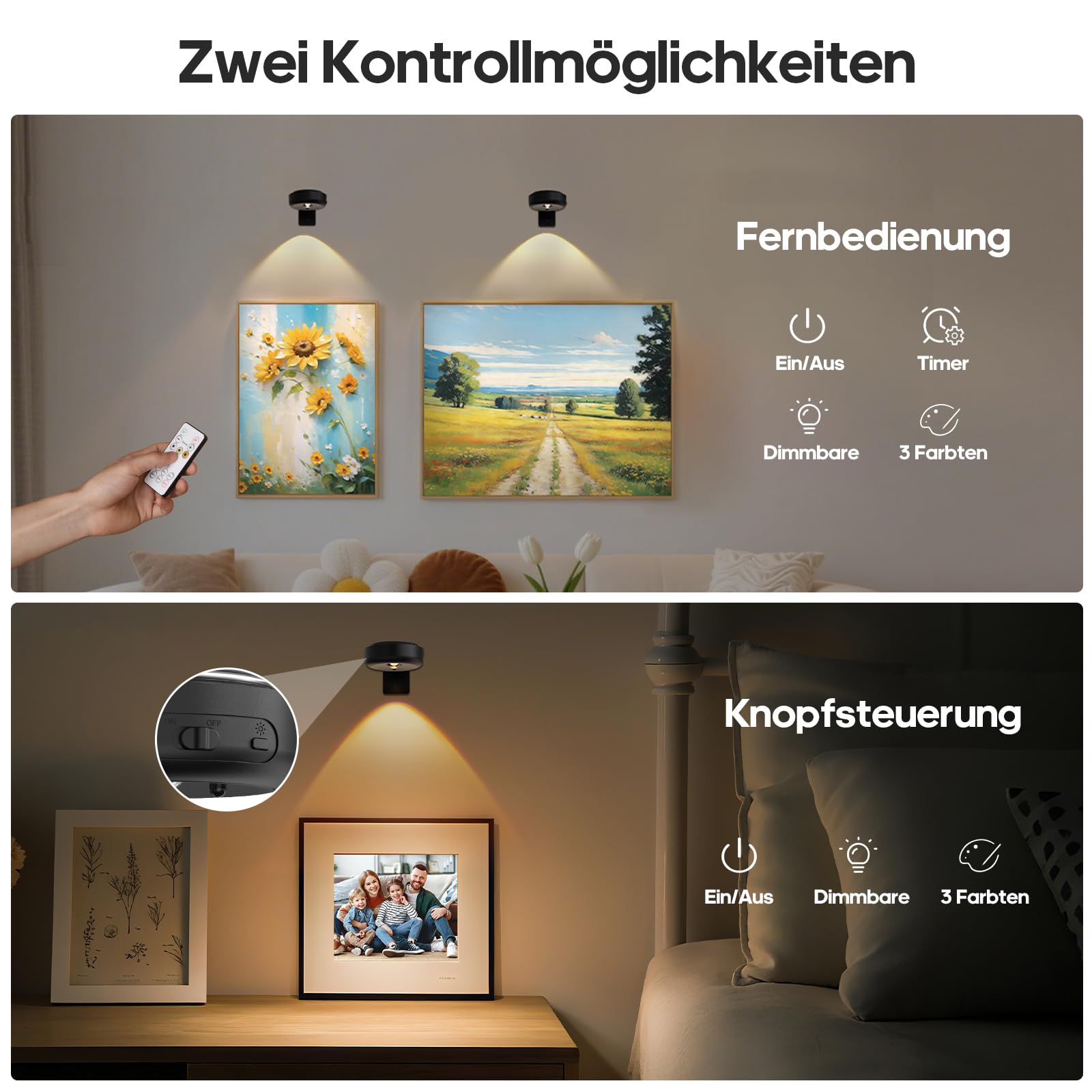 GOODEA Lichtleuchte Kabellos 2200mAh Aufladbar LED Spot Akku mit Fernbedienung und Timer- 3 Farben Dimmbar Bildbeleuchtung Kabellos Licht für Wand Bild Vitrinen Halloween Beleuchtung 6er Set