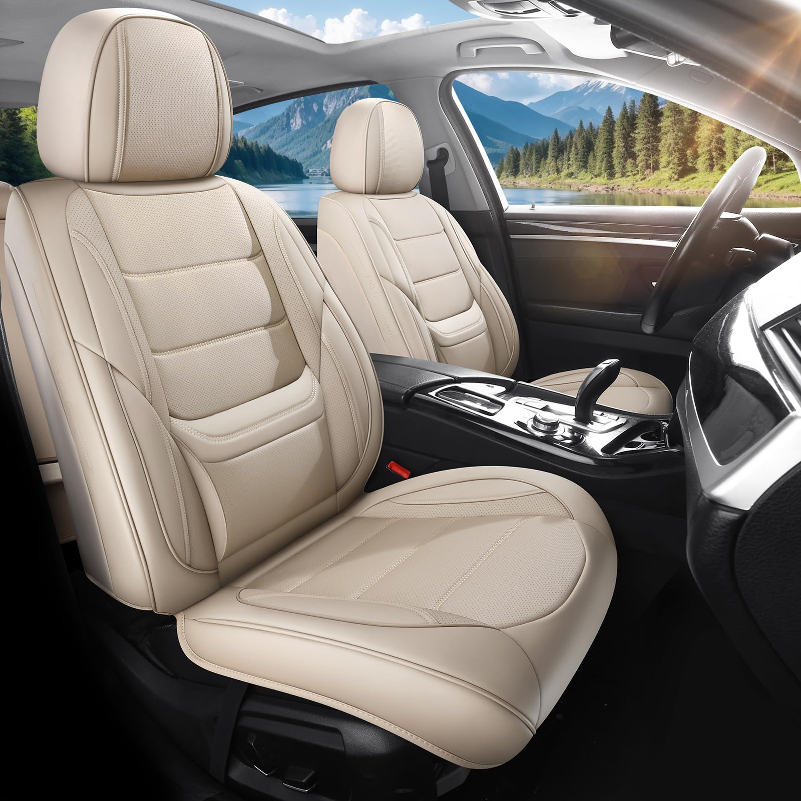 Car Seat Covers Full Set Custom Fit for KIA Sportage 2005-2024 - Premium Faux Leather with Lumbar Support, Breathable, Anti-Slip & Wear-Resistant (Beige,Full Set)