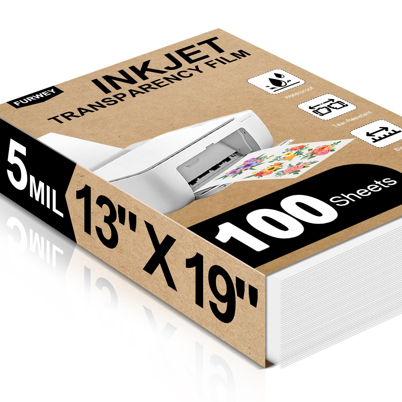 FURWEY 100 Sheets Inkjet Transparency Film, 13x19 inch, Clear Transparency Paper for Inkjet Printer, Silk Screen Printing, Overhead Projector, DIY Crafting