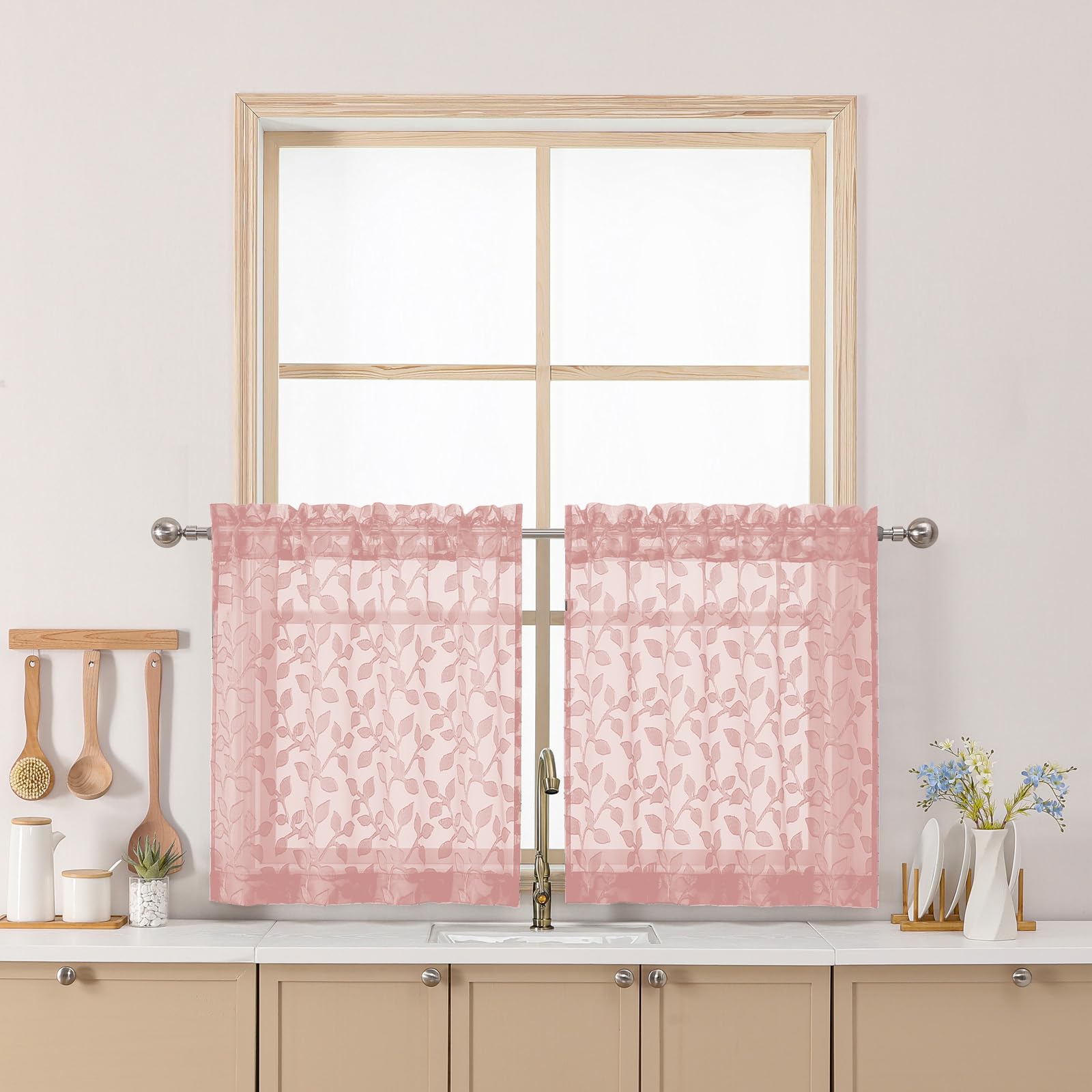 Chyhomenyc Blush Pink Sheer Curtains 24 Inch Length, Light Filtering Leaf Tufted Textured Small Window Kitchen Curtain Over Sink, Short Half Window