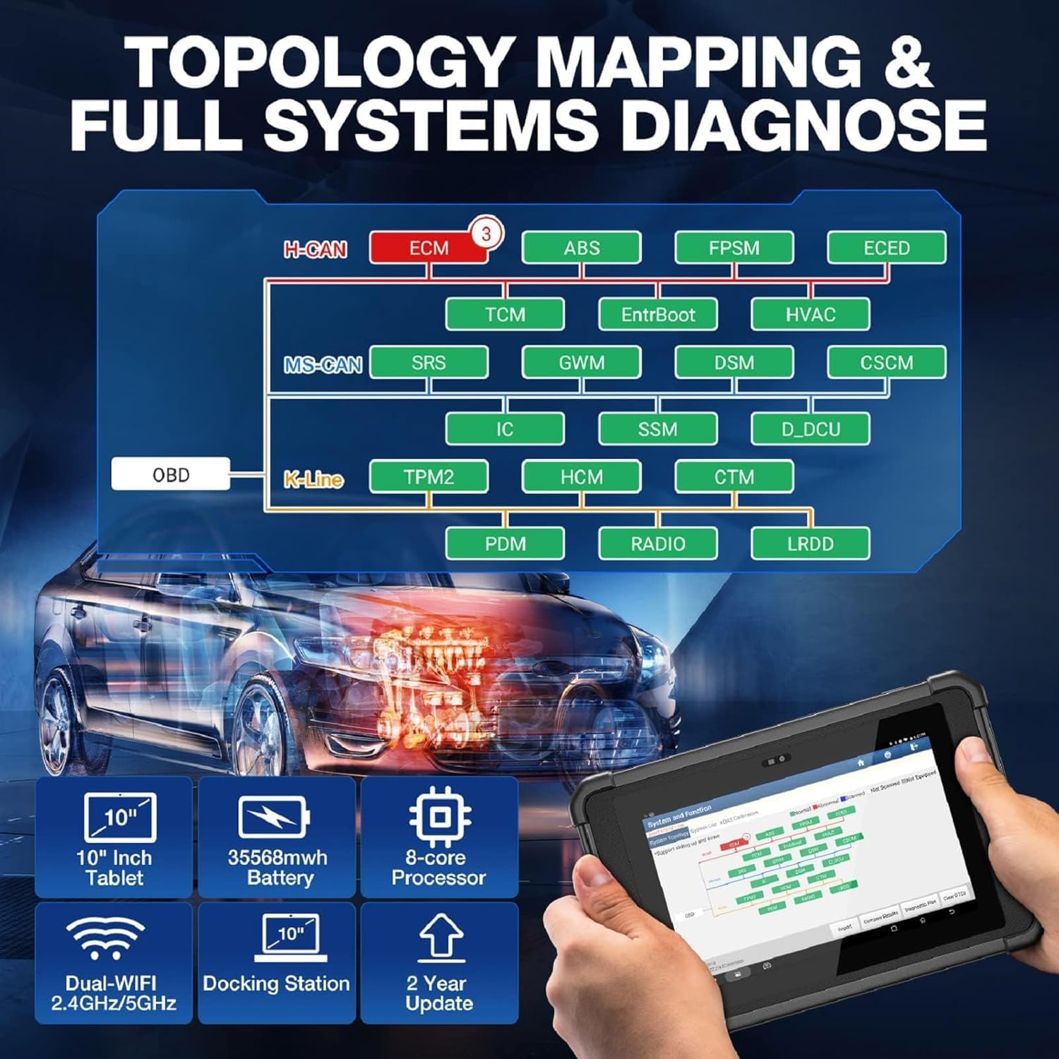 LAUNCH X431 PAD V Poziom OE pełny system obd2 urządzenie diagnostyczne samochód, 50+ usługa resetowania, kodowanie online ECU + kontrola dwukierunkowa, J2534 / RP1210 / CAN FD, programowanie