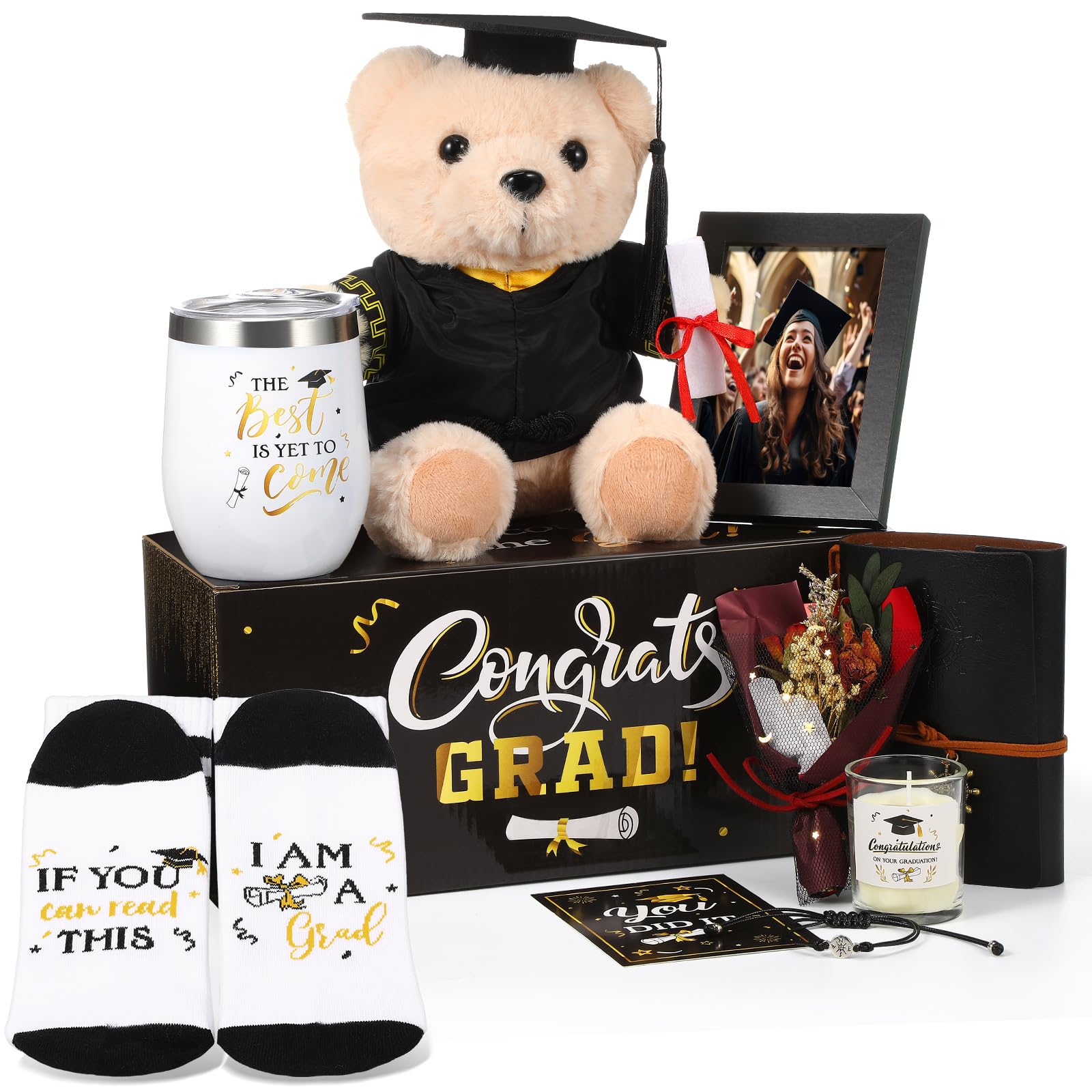 FoldTier Graduation Gifts 2026, Congrats Grad Gift Box Set with Wine Tumbler, Bear, Candle, Notebook, Photo Frame, Socks, Bracelet and Card for College High School, Classic Black Gold