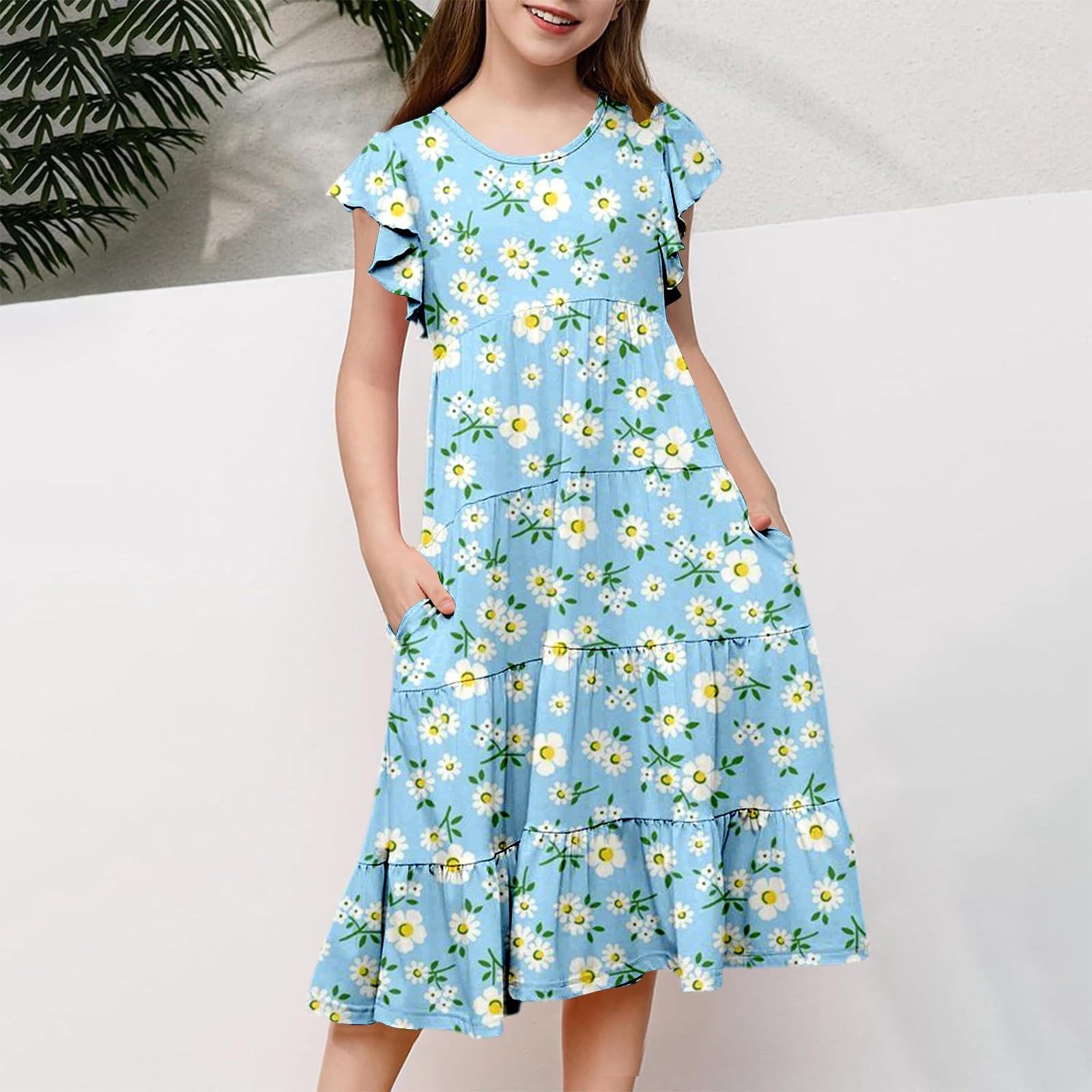 Robe été Enfant Fille 6-15 Ans sans Manches à Volants Imprimé Fleur Robe Ado Fille Chic et Elegant Legere Fluide Fashion Casual Confortable Soirée Vacances Dress