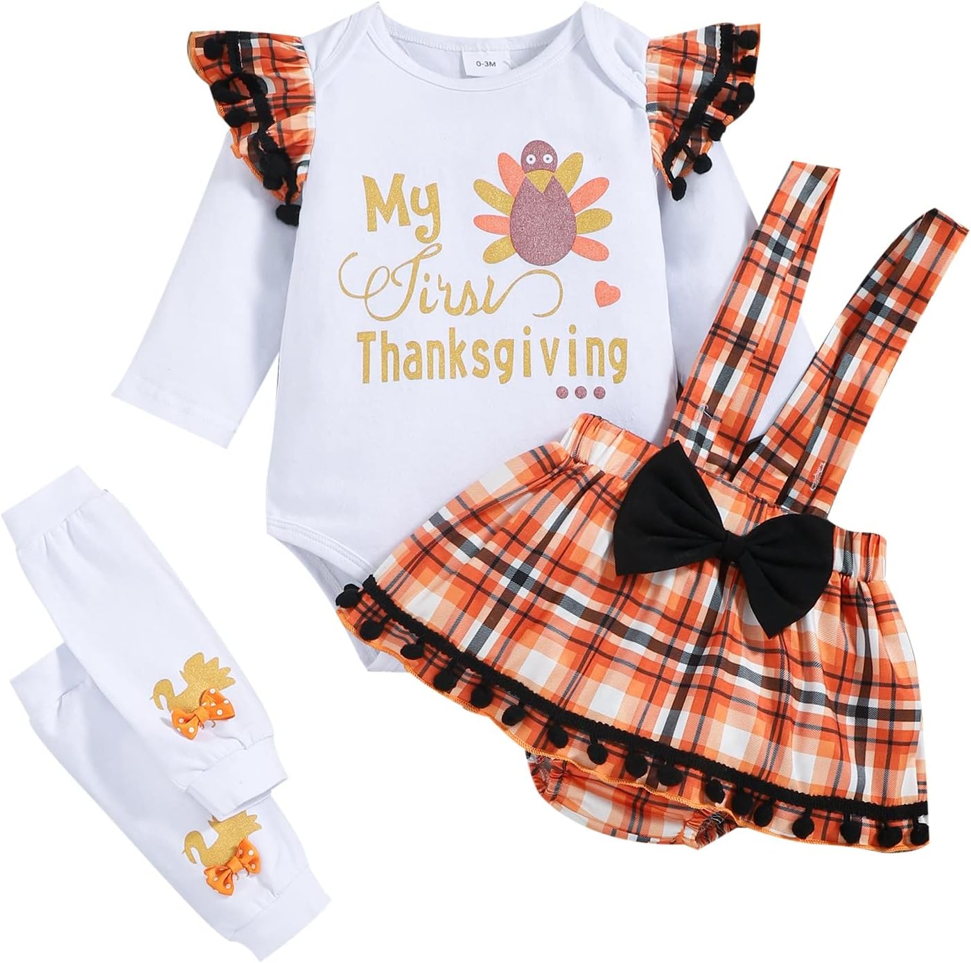 DOMOABEIMy First Thanksgiving Baby Girl Outfits Newborn Turkey Costume Long Sleeve Ruffle Romper Suspender Skirt 0-18 Months