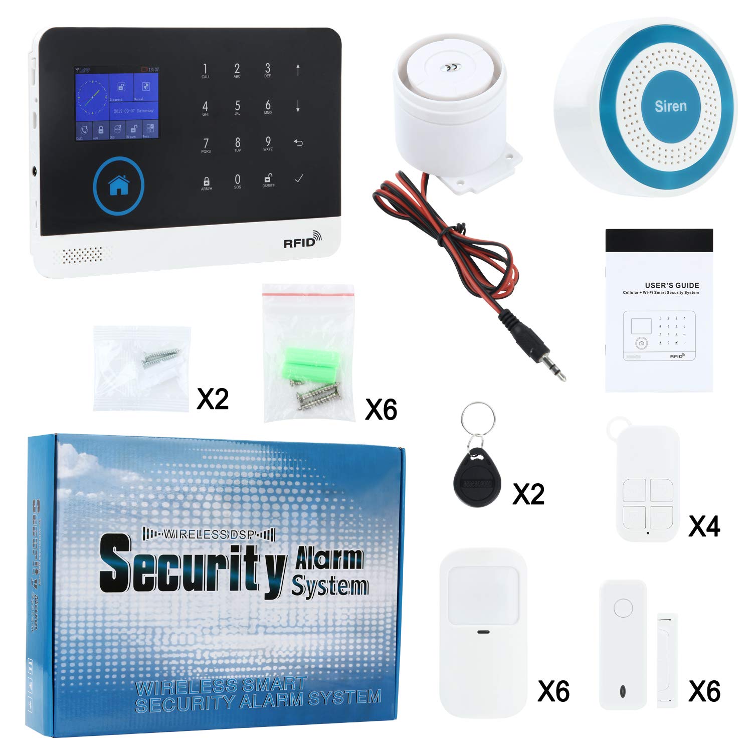 Discoball Système d'alarme de sécurité sans fil avec détecteur de mouvement, capteur de porte/fenêtre et télécommande, fonctionne avec Smart Life, application Tuya et Alexa, sans frais mensuels (kit