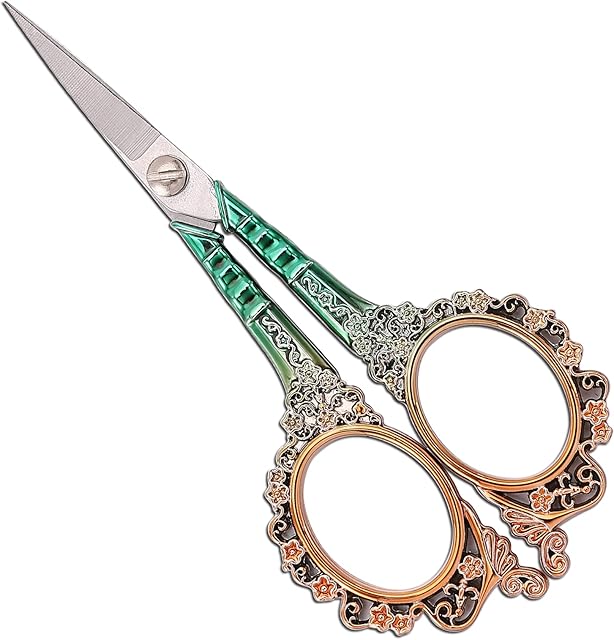 YOUGUOM Sewing Scissors Embroidery Scissors Stainless Steel Sharp Precision Tip for Cross Stitch Cutting Needlework Handcraft Craft Art Work DIY Tool - 4.5in Gold Green Vintage European Style