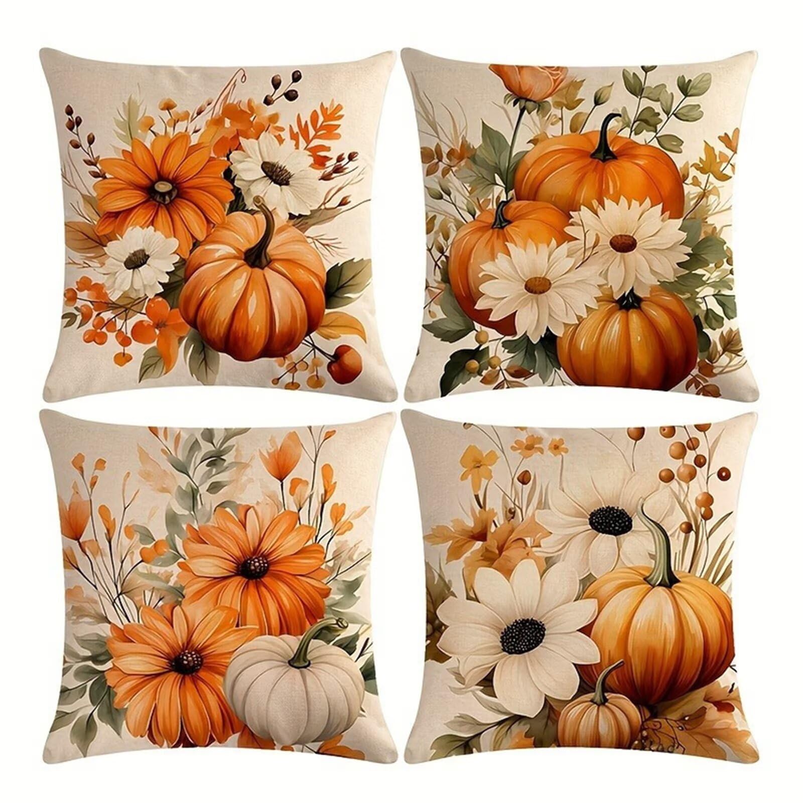 QiHon Yellow Daisy Pumpkins Cushion Covers 60x60 cm Set of 4, Decorative Throw Pillow Cases, 24x24 inch Square Linen Pillowcases for Sofa Living Room Bedroo