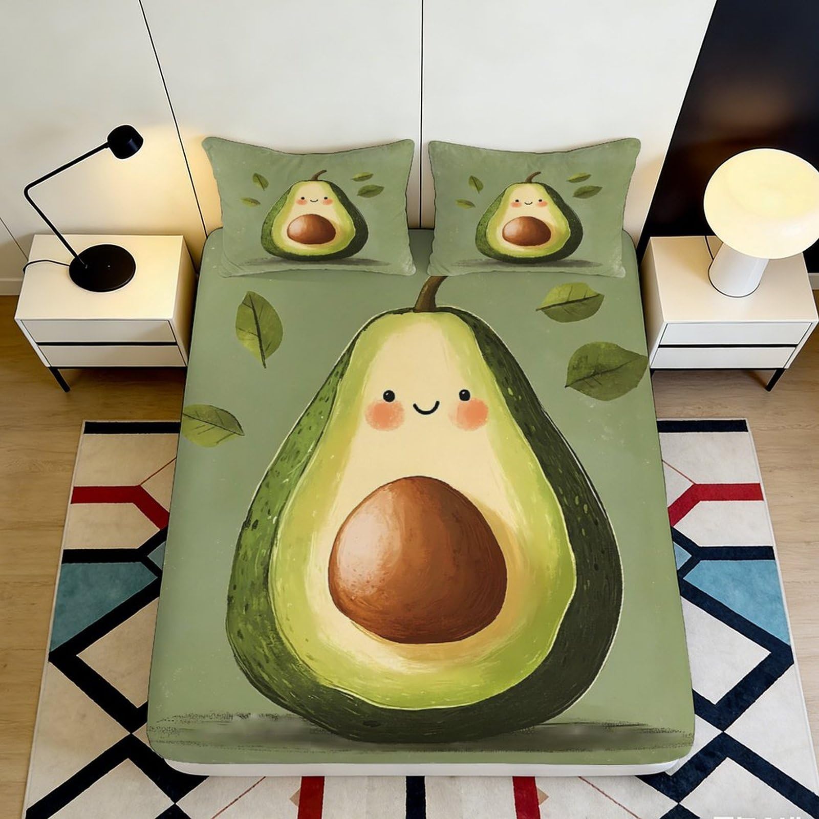 3D Printed Cartoon Avocado Fitted Sheet Microfiber Soft Green Fruit Bed Cover for Bedroom Dorm Decor 90x200x25cm