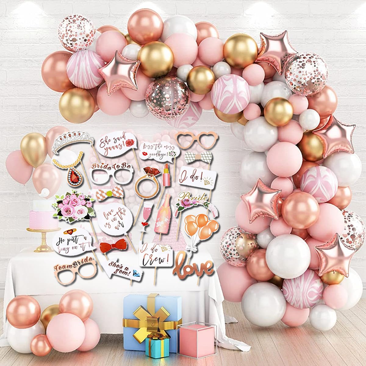 82 Pcs Rose Gold White Balloons Garland Arch Kit,Different Sizes Confetti Latex Balloons,Surprise Balloons Garland Kit,with Photo Booth Props Set,for Birthday Wedding Graduation Party Decorations