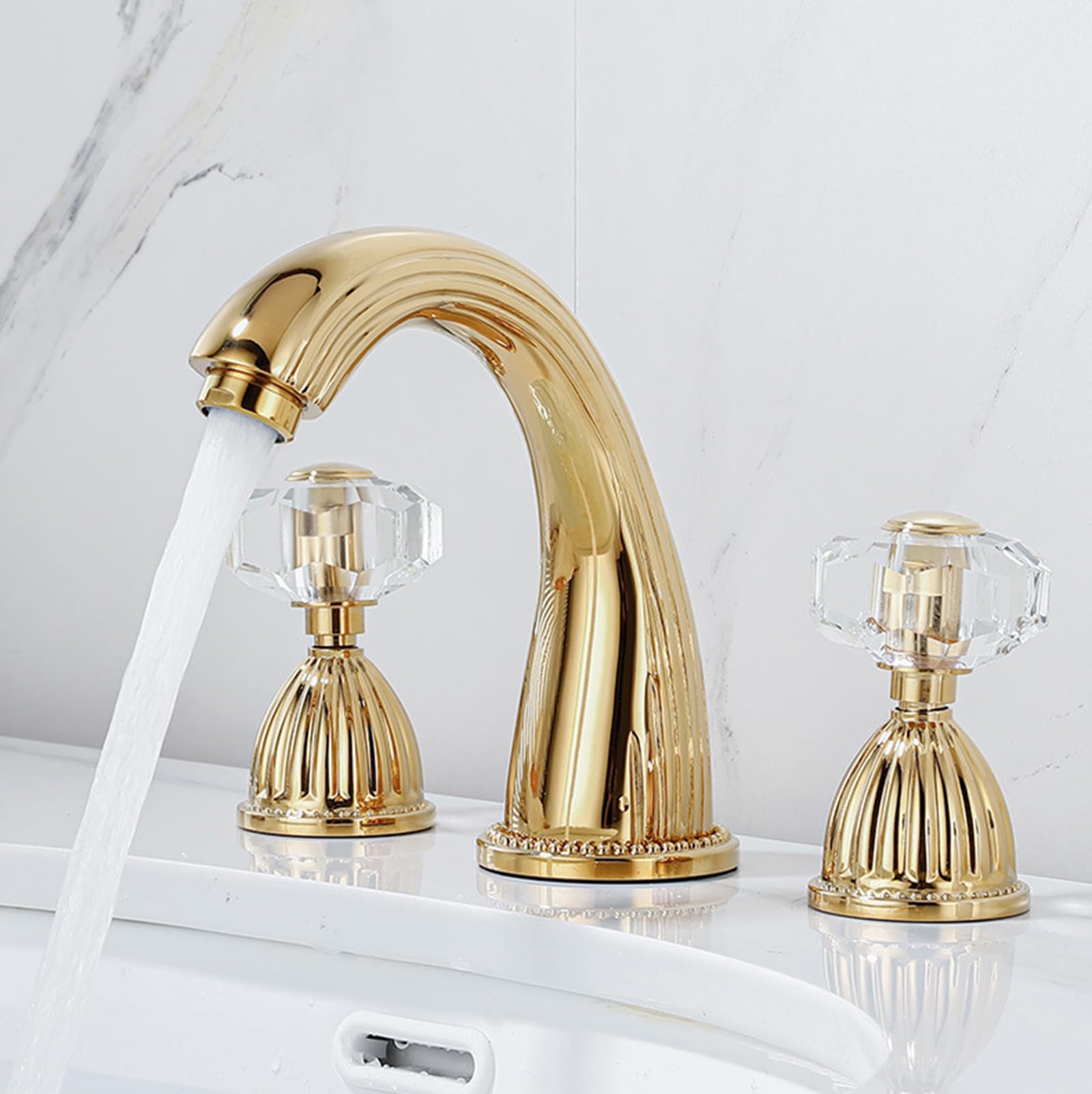 FQWNCIEG 3 Hole Taps for Bathroom Basin Crystal Handle Gooseneck Bathroom Basin Mixer Tap Brass Two Handle Tap,Gold