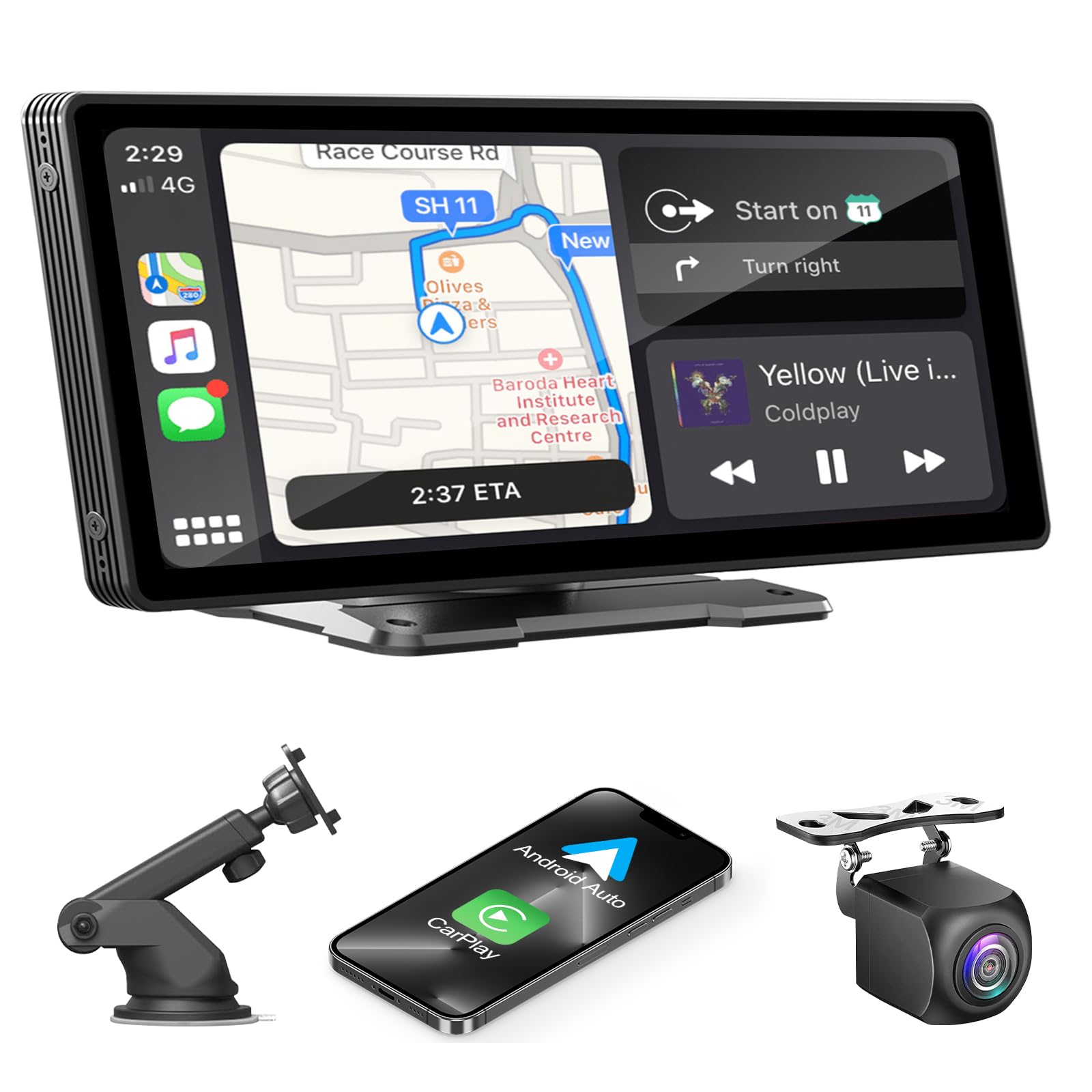 Portátil Radio Coche con Inalámbrico A-pple Carplay & Android Auto, Autoradio Estéreo IPS Pantalla Táctil con Bluetooth, Pantalla de Coche con Asistencia de Voz/Mirror Link/FM/AUX (10.26'')