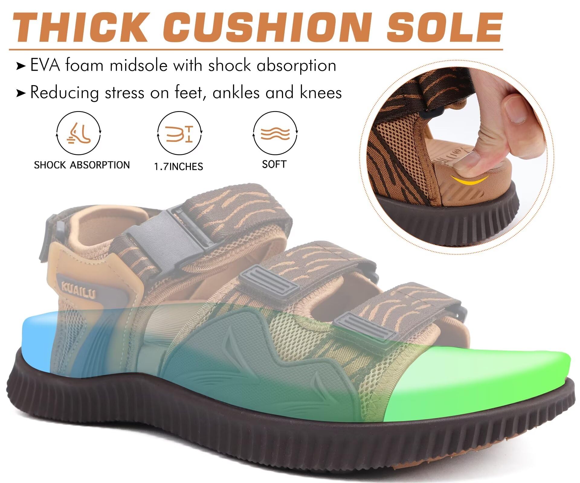 KuaiLu Sandali Trekking Uomo Comode Camminata Ortopediche Fascite Plantare Sportivi Sandalo Estive Leggero Regolabile Escursionismo Antiscivolo Scarpe
