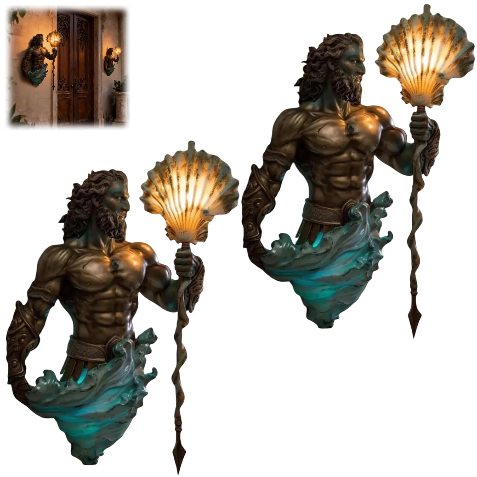 Poseidon Wall Lamp, Antique Bronze Poseidon Wall Sconce with 8 Inch Frosted Crystal Lantern, Vintage Ocean-Themed Night Light for Bedrooms, Living Room, Bathroom (Blue×2)