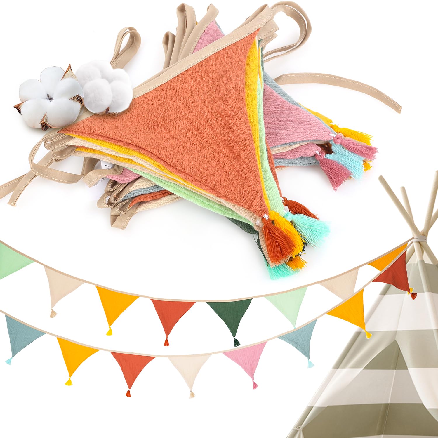 Dncvb 2Pcs Cotton Bunting 2.6m Fabric Bunting Double Sided,Triangle Garland Fabric Banner 100% Organic Cotton Pennant for Vintage Themed Wedding Afternoon Tea Garden Party