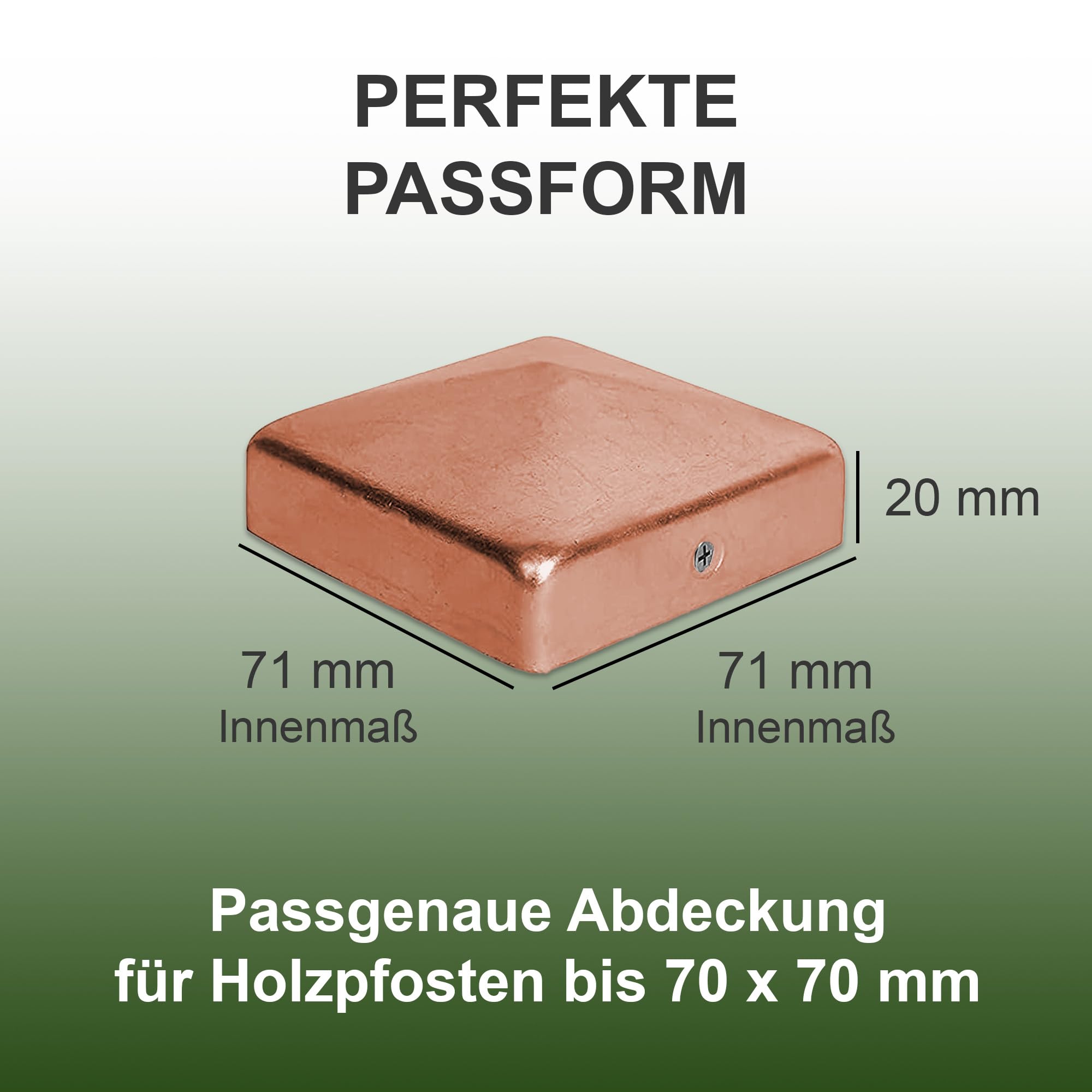 h2i Pfostenkappe | Kupfer | 71 x 71 mm | 5 Stück | Eckige Abdeckkappe für Garten Holzpfosten Pfostenträger & Zaunpfosten in Pyramidenform | Wetterschutz für Holz-Balken & Pfosten