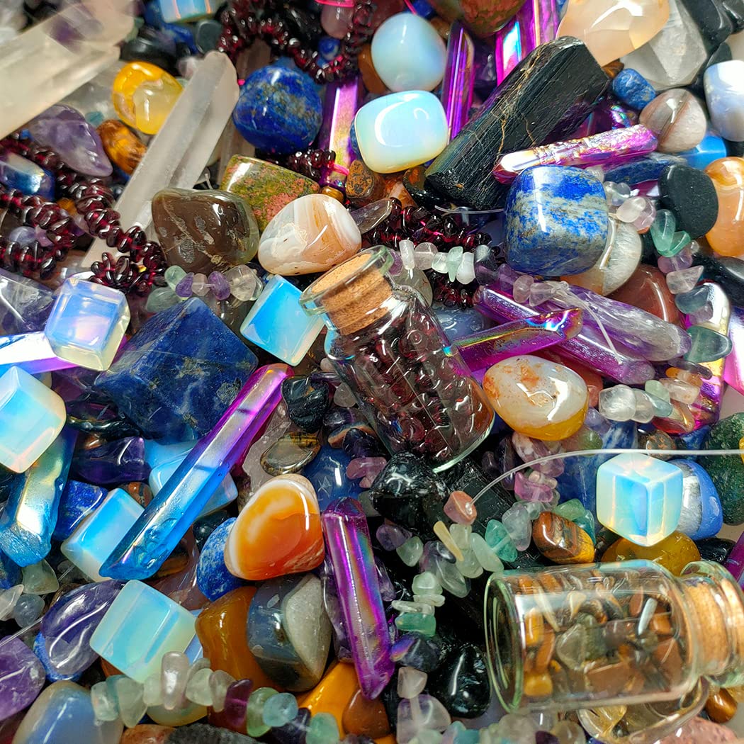 Healing Crystal Set Mystery Stone Bag Lucky Gemstone Witchy Crystals Scoops Tumble Stones Tourmalime Agate Amethyst Clear Crystal Lapis Lazuli Opalite Aura Crystals Black Obsidian Unakite Mookaite