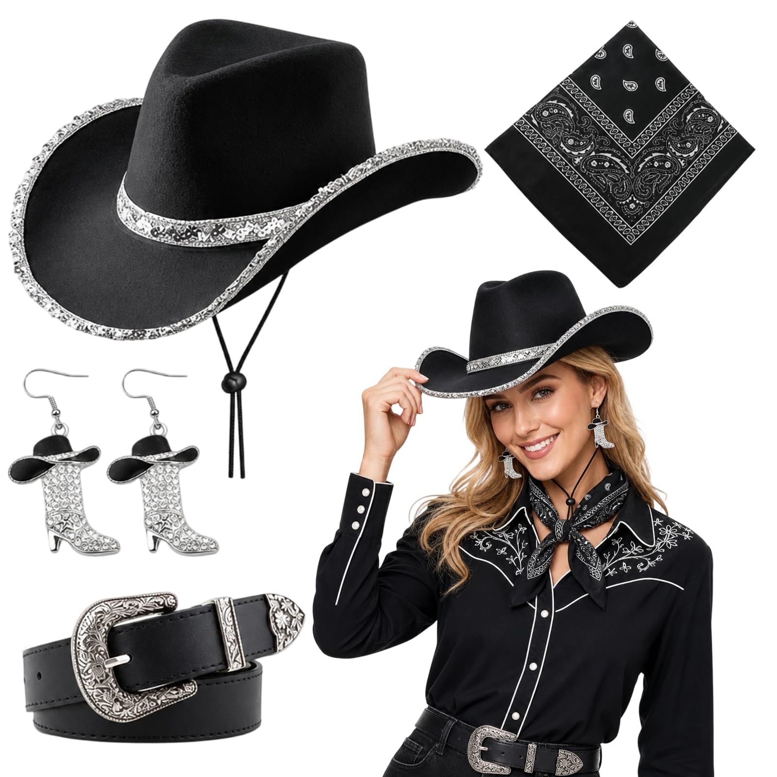 OBOVO 4 Pcs Cowboy Hat Set, Halloween Costumes Accessory with Cowgirl Hat Scarves, Earrings, Belts, Western Fancy Dress Costume for Birthday Halloween Cosplay Bachelorette