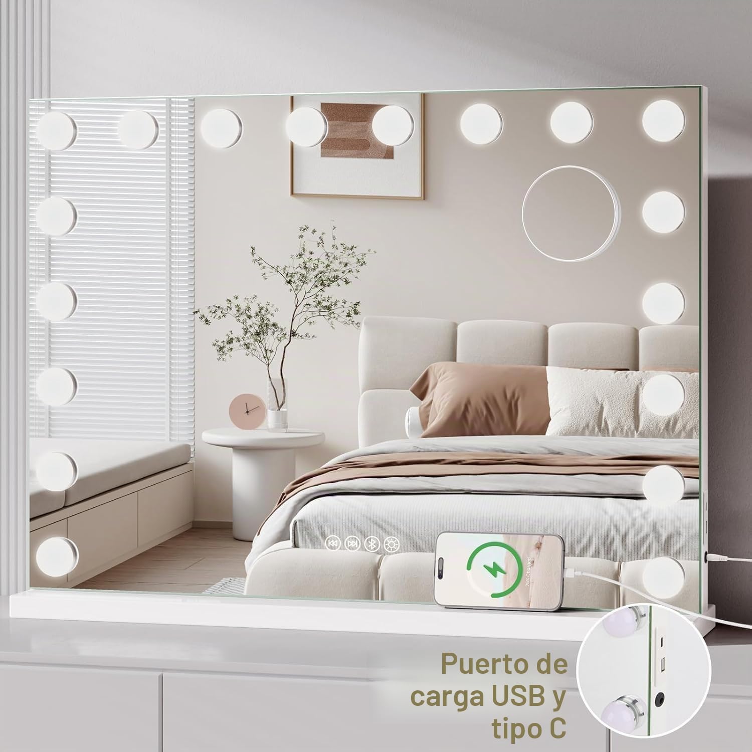 Espejo de Maquillaje con Bluetooth, 80 x 60 cm, Espejo tocador con Luces de 18 LED Hollywood, montado en la Pared o en la Mesa, 3 Colores de luz y función de Brillo Ajustable
