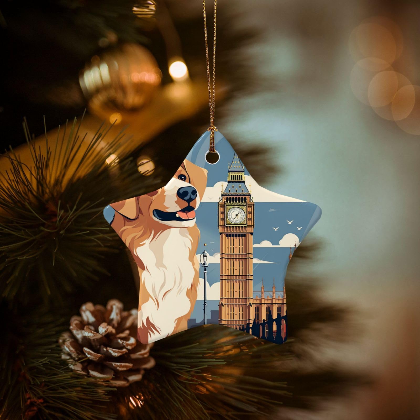 Christmas Tree Ornaments Ceramics Christmas Decorations Cute Dog Sitting Ornaments with Gold Ribbon Porcelain Xmas Tree Crafts Star Shape Hanging Pendant for Christmas Tree Party Decor