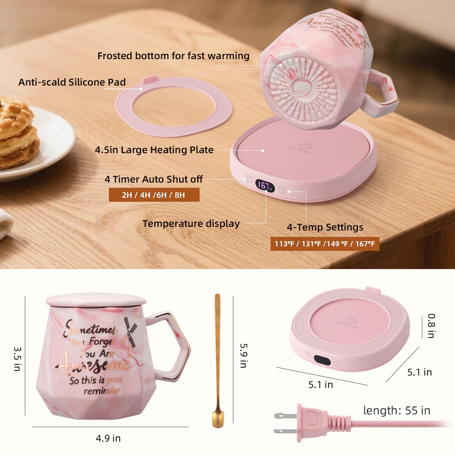 Juego de tazas de café con calentador de tazas y tazas inteligente con calefacción para computadora, oficina, 4 calentadores de té y café, 8 horas de apagado automático, regalo ideal para mujeres