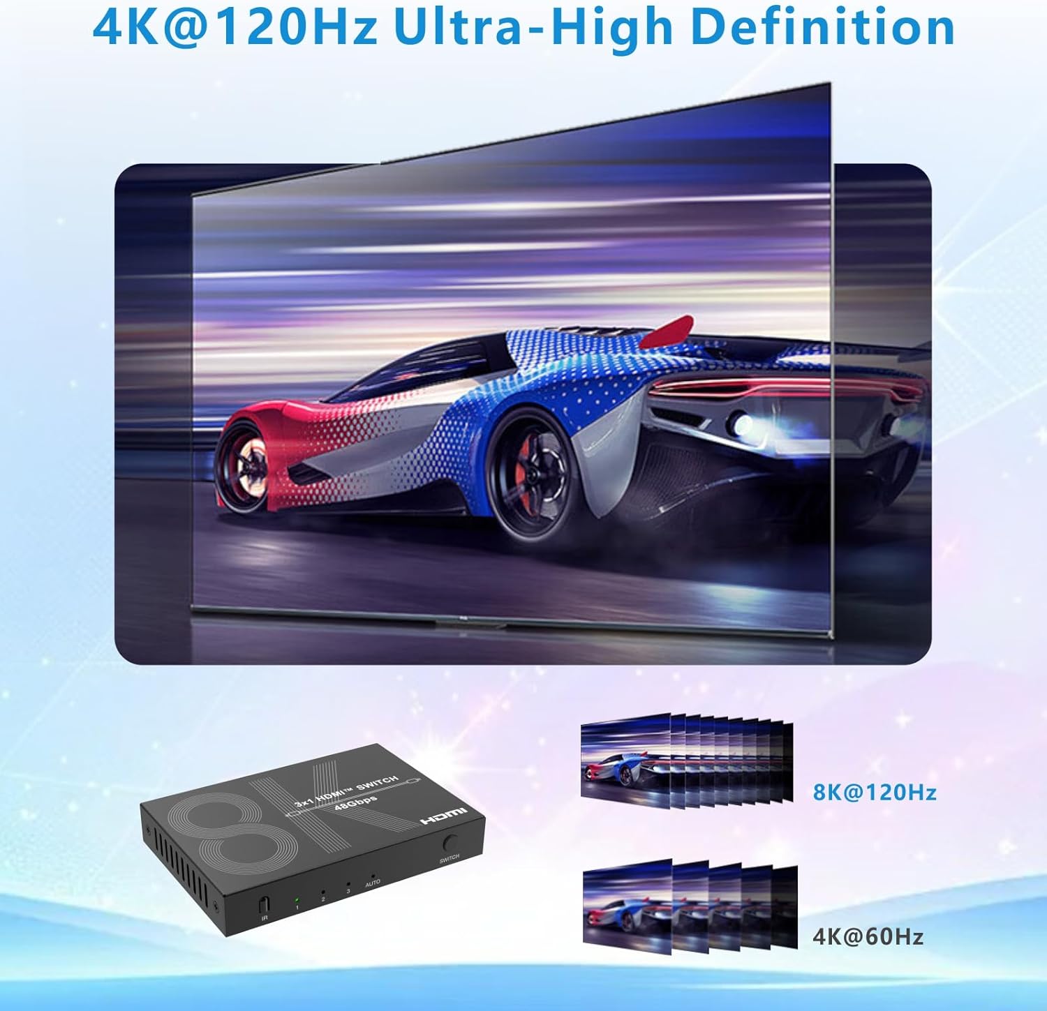 8K HDMI Switch 3 in 1 Out 4K@120Hz HDMI Switcher Support HDR10+, Dolby Vision, Dolby Atmos, VRR, ALLM, CEC