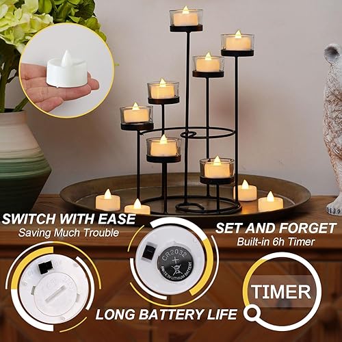 BEICHI Flameless TeaLights Candles with Timer,6 Hours On and 18 Hours Off in 24 Hours Cycle Automatically,Pack of 12 Battery Operated LED Tea Lights Flickering Votive Candles Timer Warm Yellow Light(Warm White Light- White Shell,12-Pack)